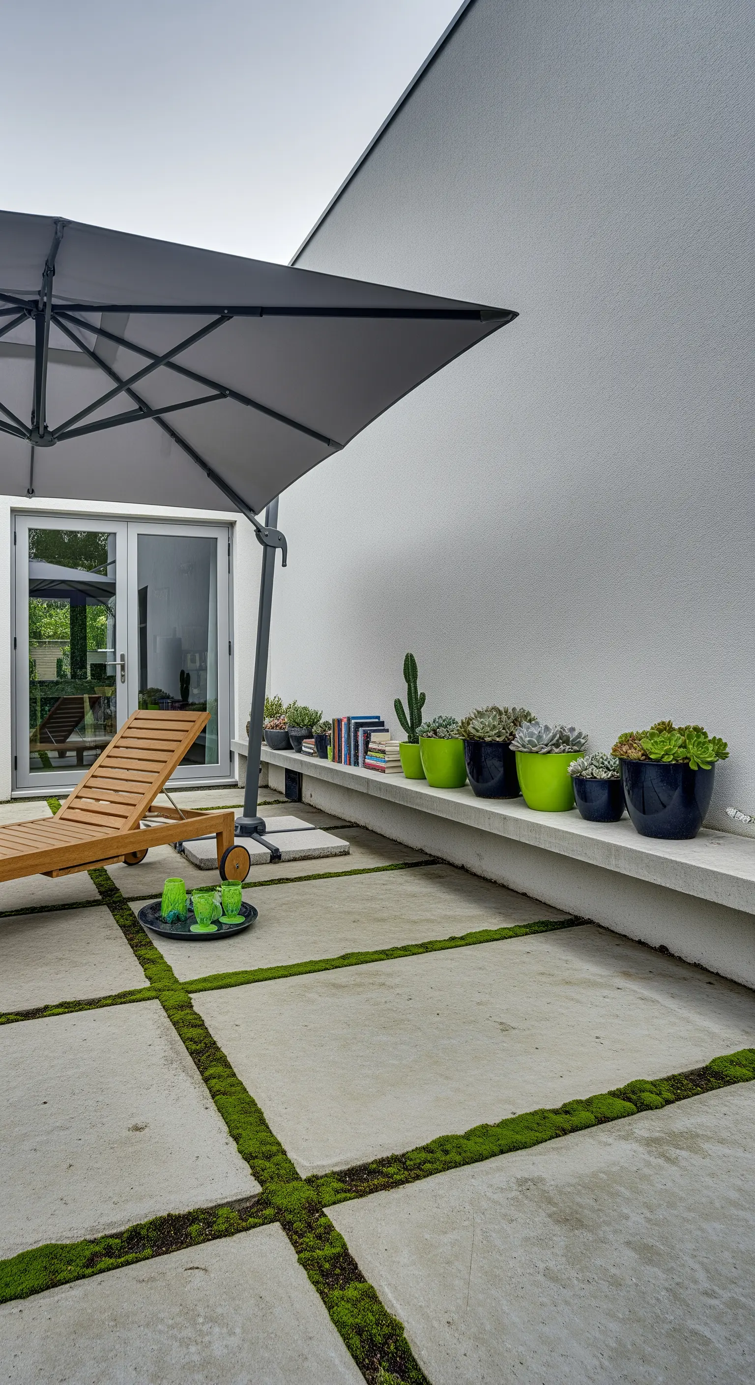 Terrasse mit Moosfugen und Sukkulenten