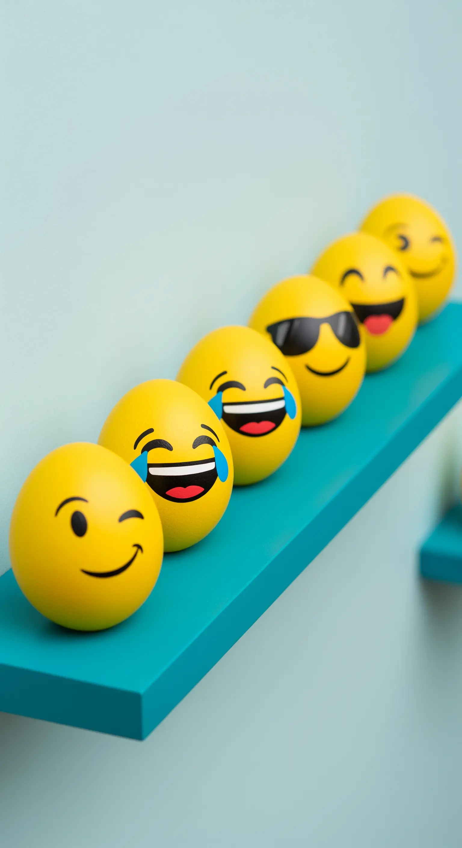 Gelbe Emoji-Ostereier in einer Reihe auf blauem Regal