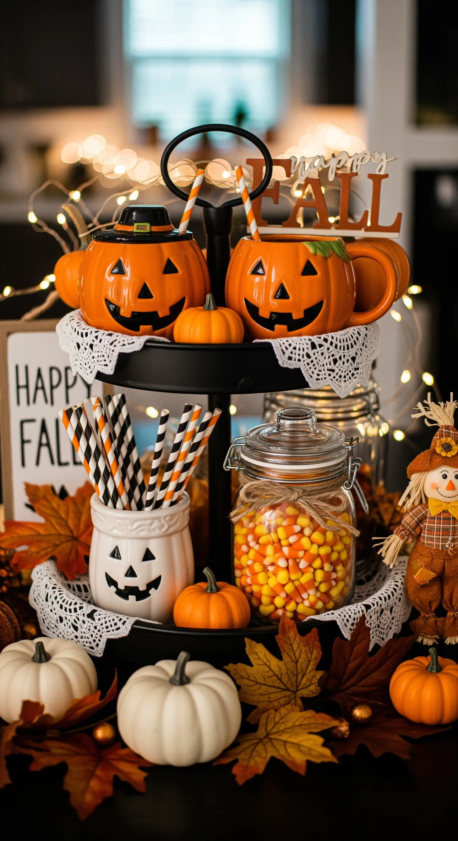 Schwarze Etagere mit Kürbisgesicht-Tassen, Süßigkeitenglas und Strohhalmen