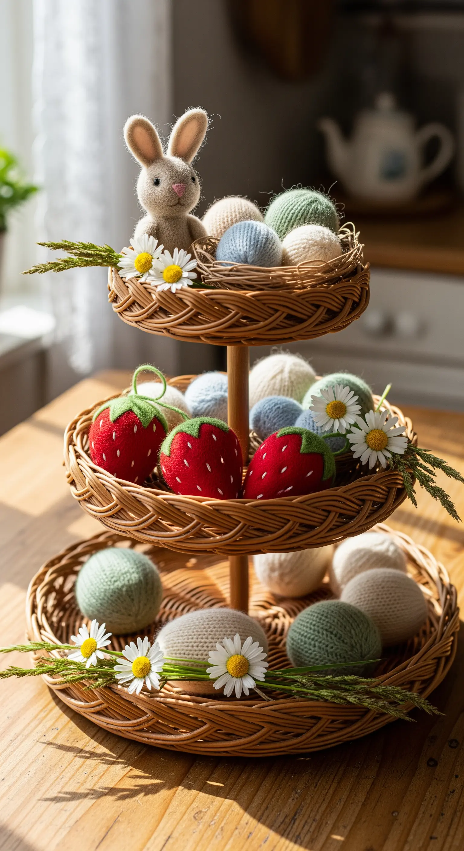 Korb-Etagere mit gehäkelten Eiern und Erdbeeren
