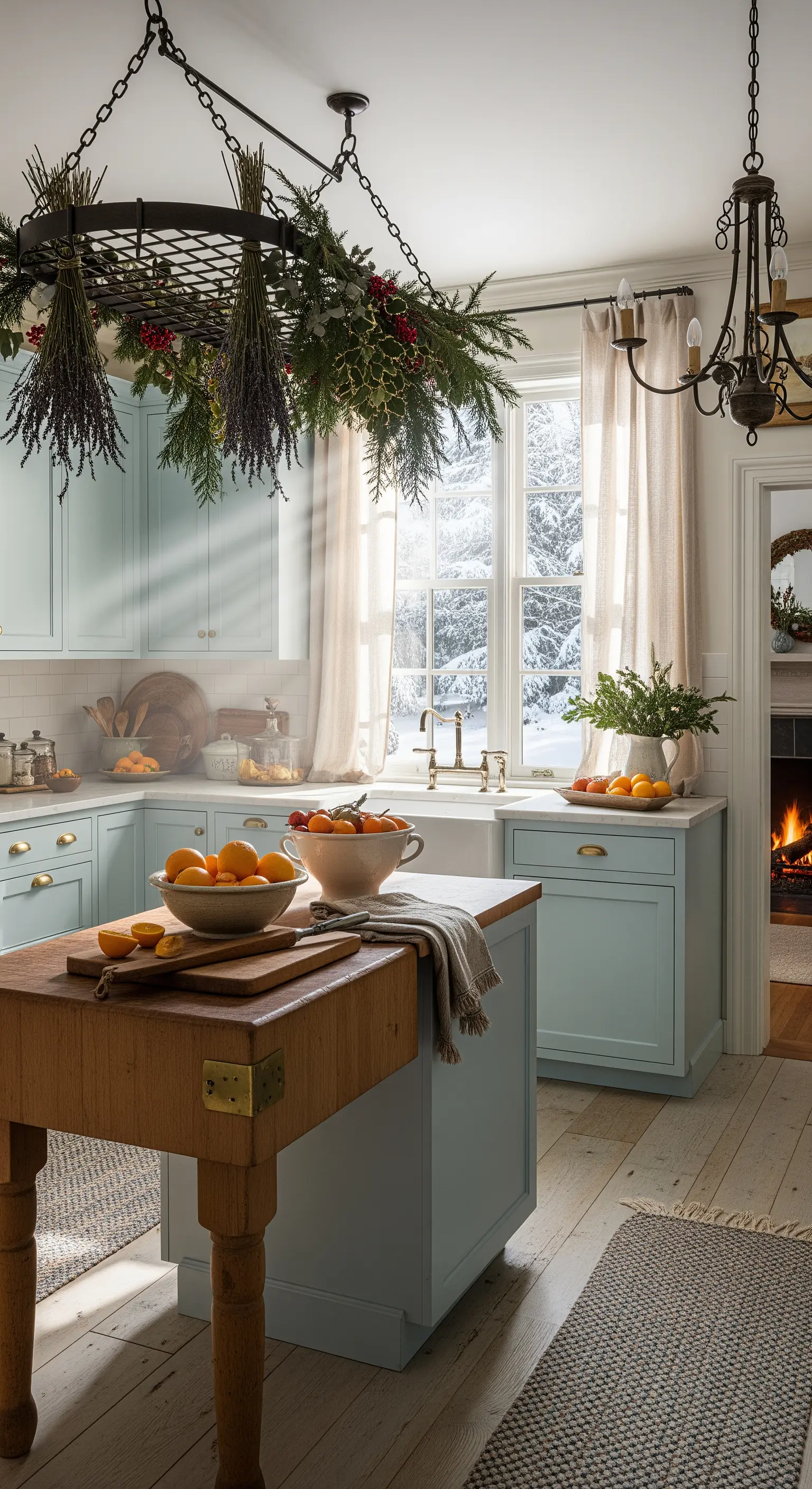 Kücheninsel mit hängendem Kräuter- und Tannengesteck