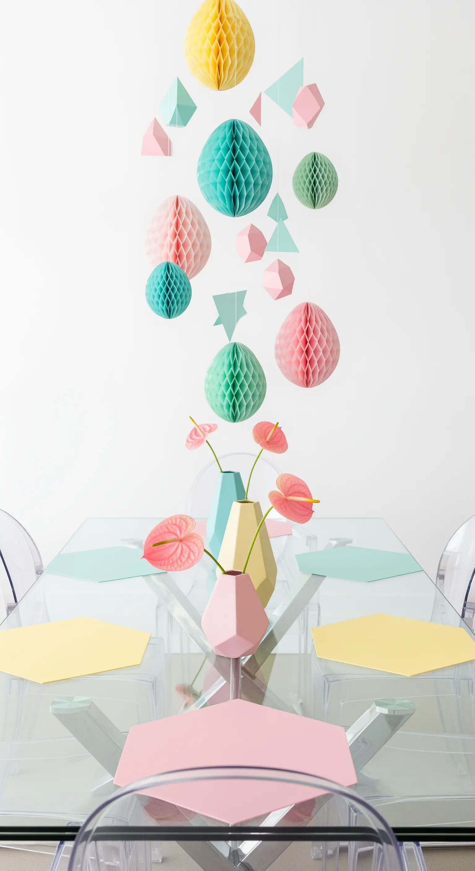 Hängende Wabenbälle und Papier-Eier über Glastisch