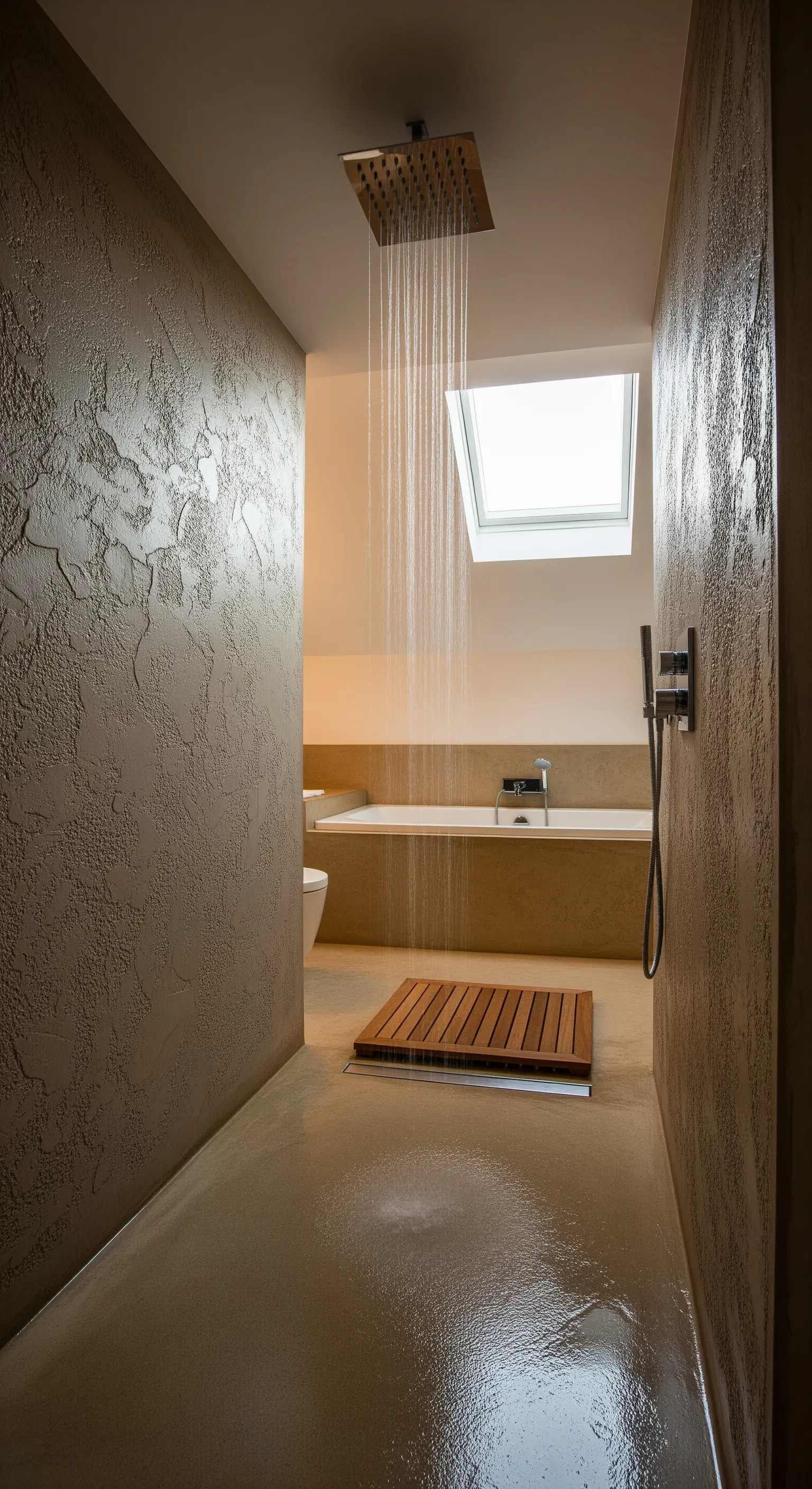 Beigefarbenes Bad mit Regendusche und Holz-Bodenrost