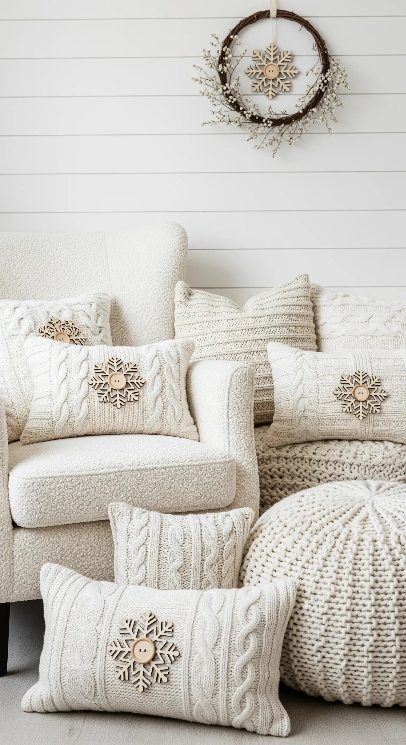 Cremefarbener Sessel mit Strickkissen und Holz-Schneeflocken-Detail