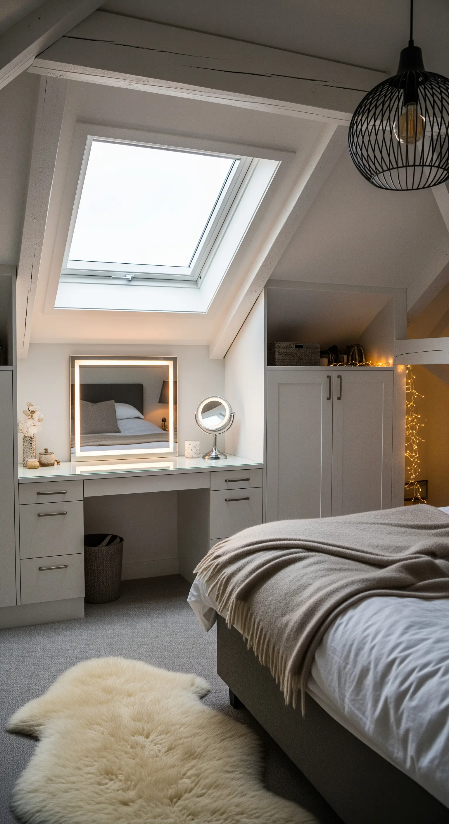 Weißer Schminkplatz unter Dachschrägen-Fenster