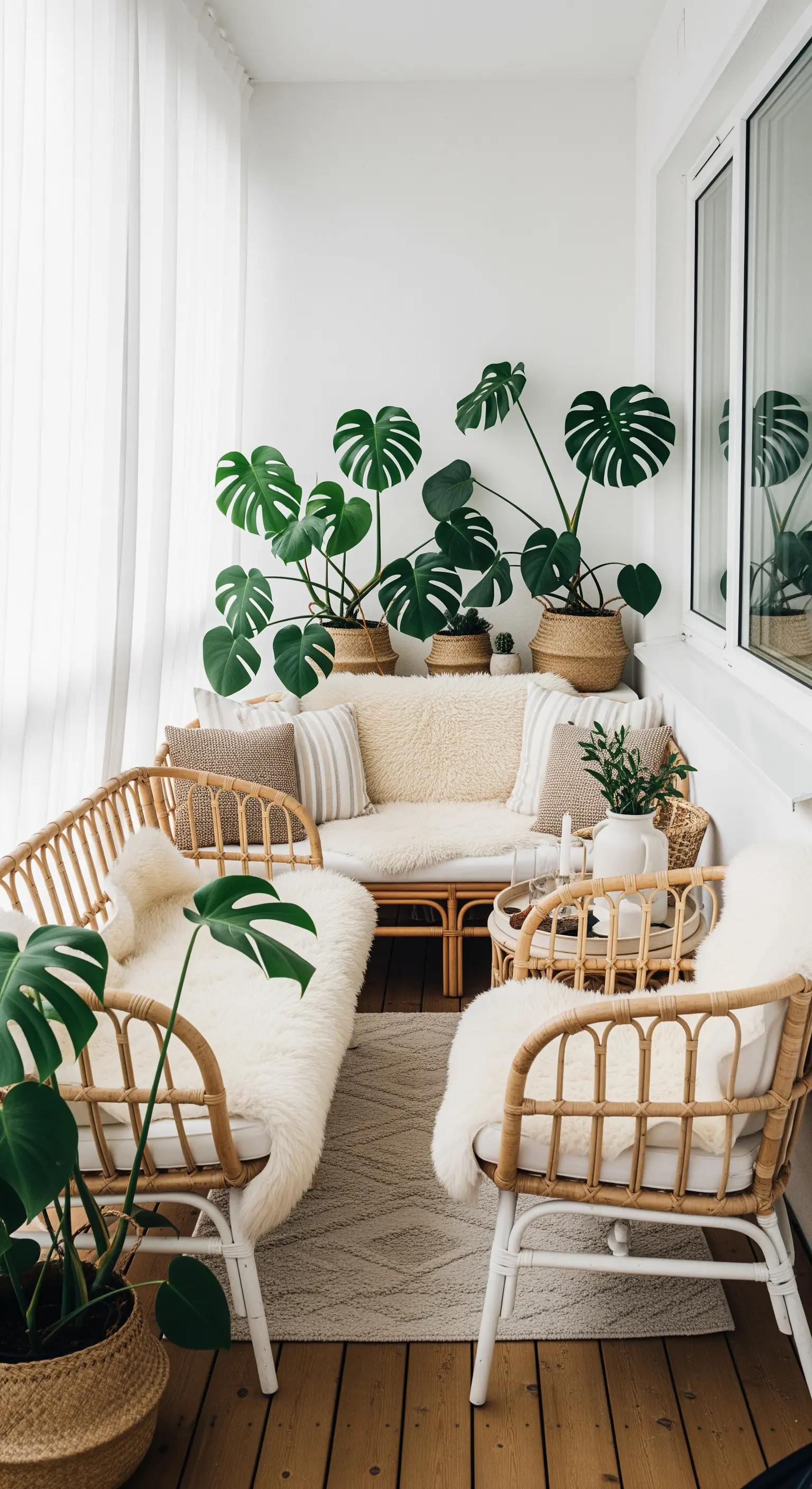 Helle Rattan-Sitzgruppe mit weißen Fellen und Pflanzen in Körben