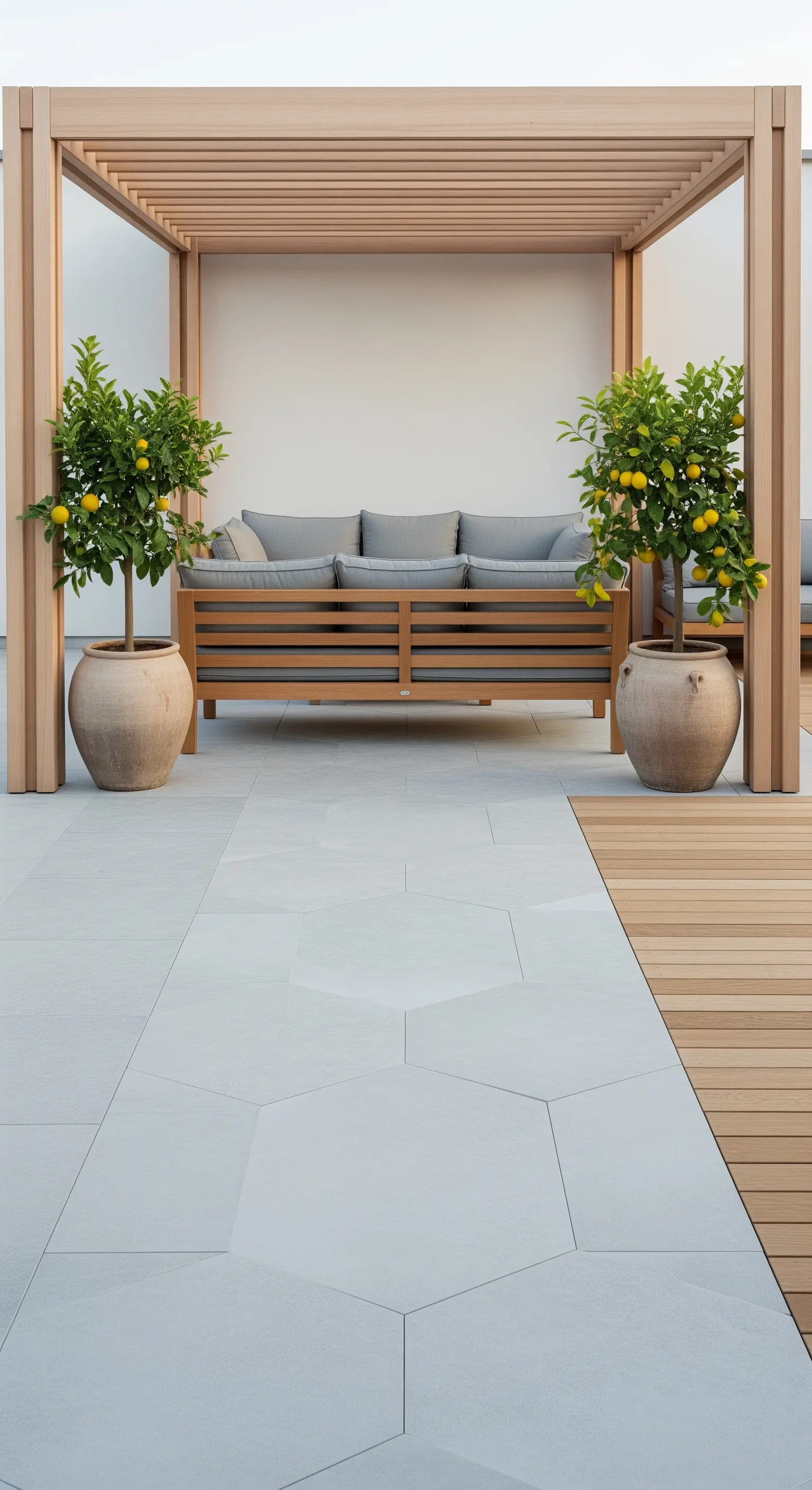 Helle Holzpergola mit Zitronenbäumen