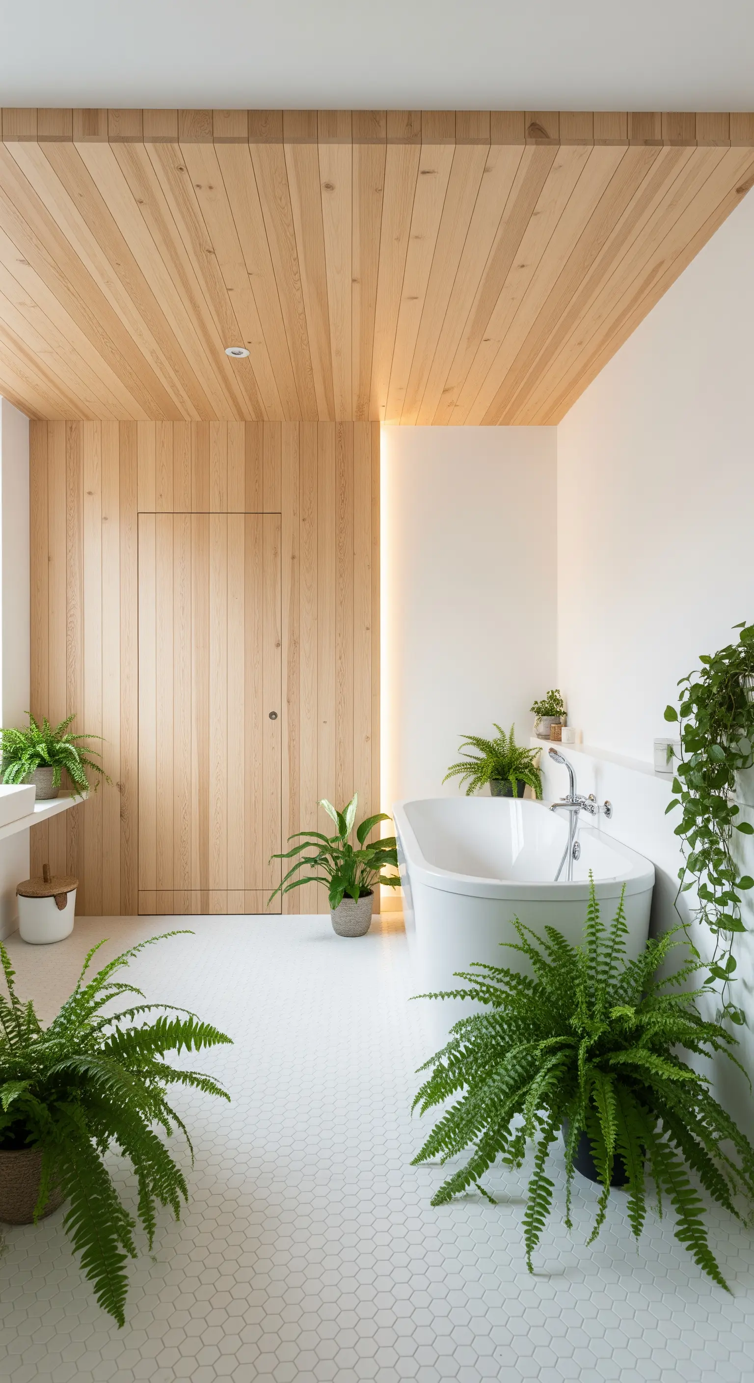 Helles Badezimmer mit Holzdecke und seitlichem Lichtschlitz an der Wand