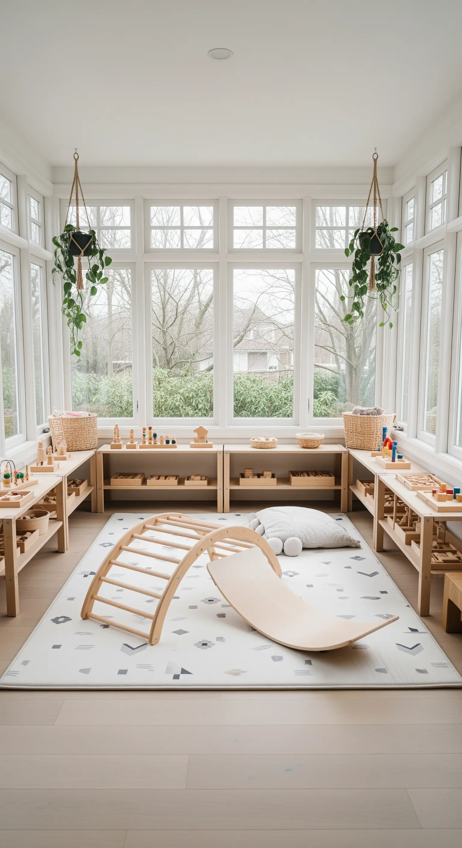 Helles Spielzimmer mit Kletterbogen und niedrigen Holzregalen