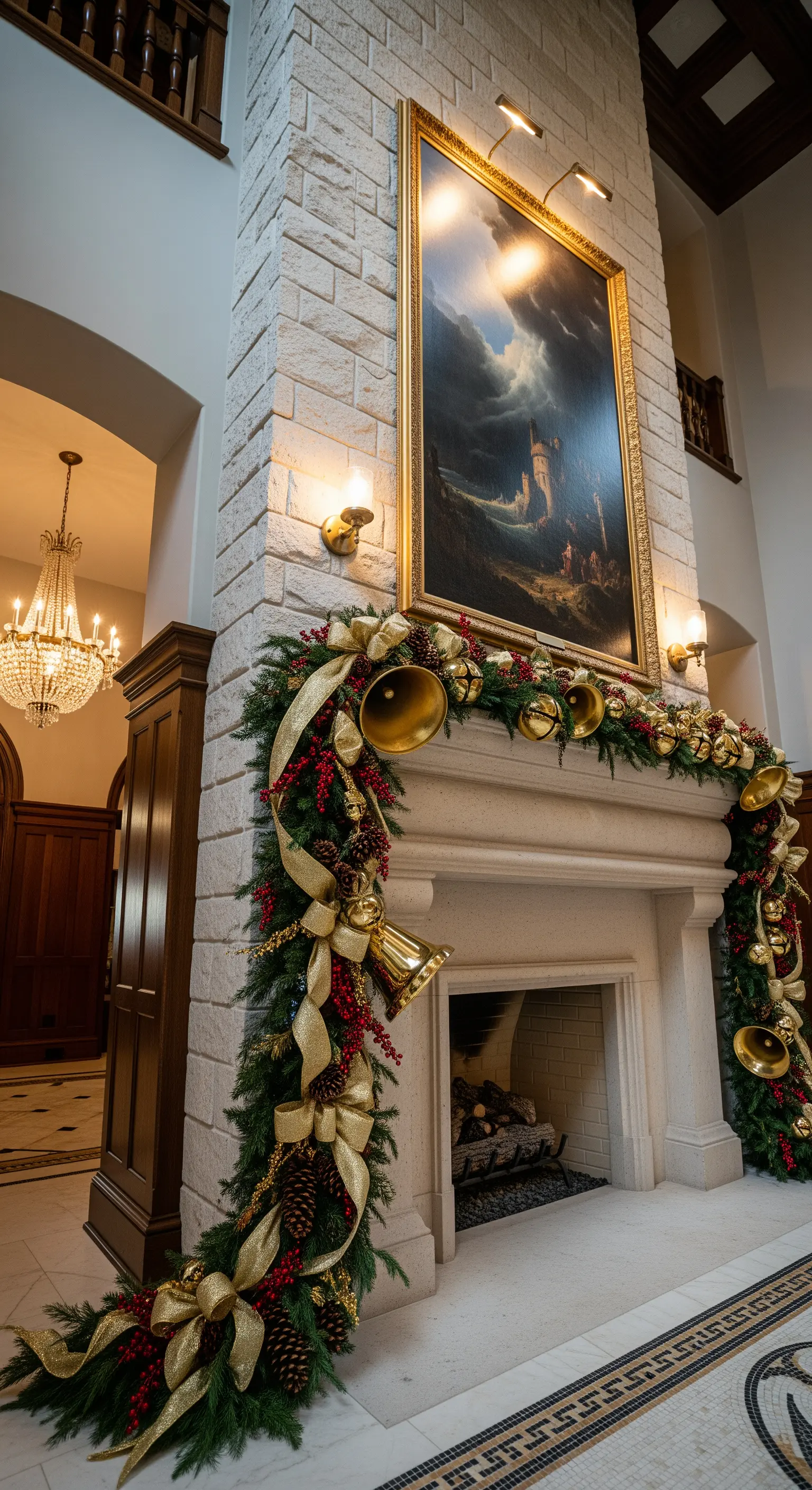 Hoher Steinkamin mit großem Gemälde, klassischer Girlande und goldenen Glocken.
