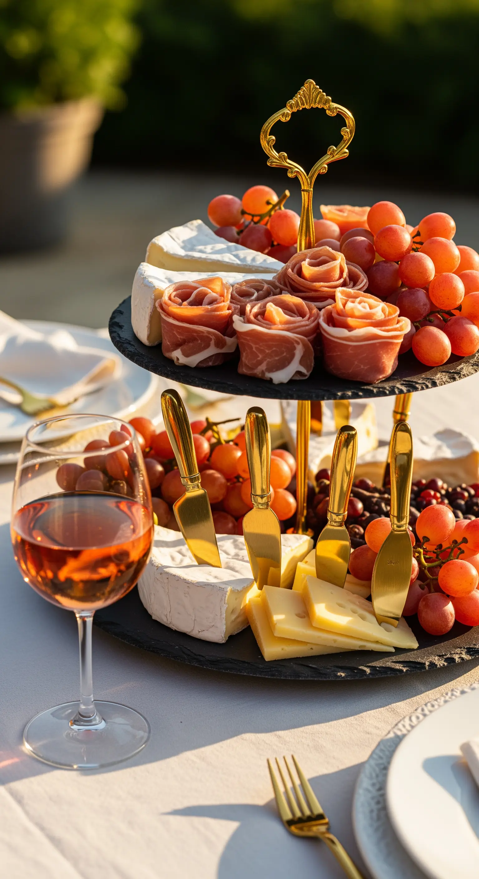 Schiefer-Etagere mit Schinken-Rosen und Käse
