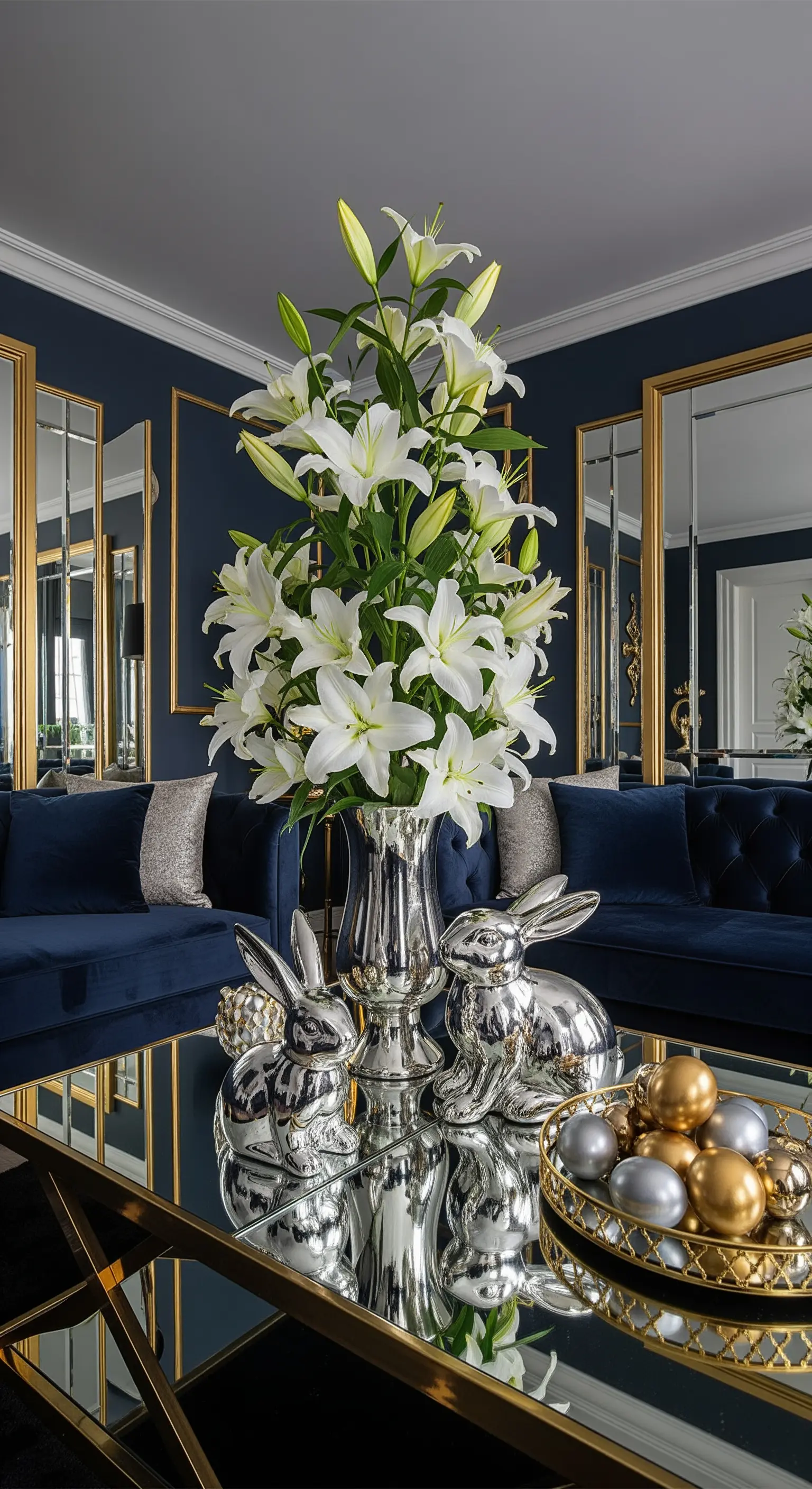 Dunkelblaues Wohnzimmer mit silbernen Hasen und Lilien
