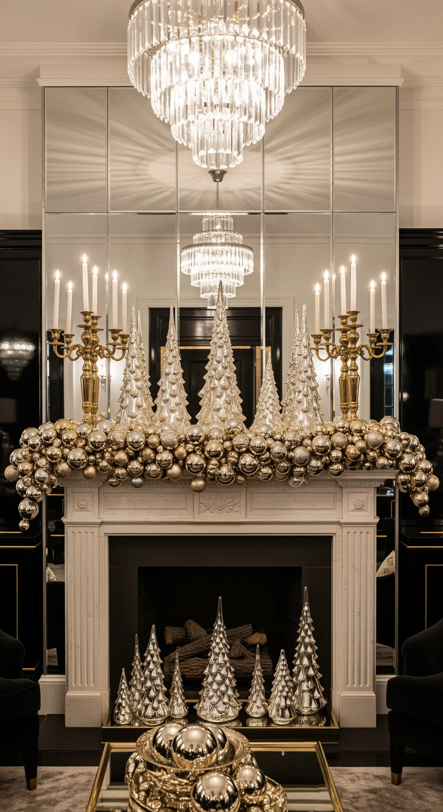 Verspiegelter Kaminbereich mit Glasbäumen und einer Girlande aus metallischen Kugeln.