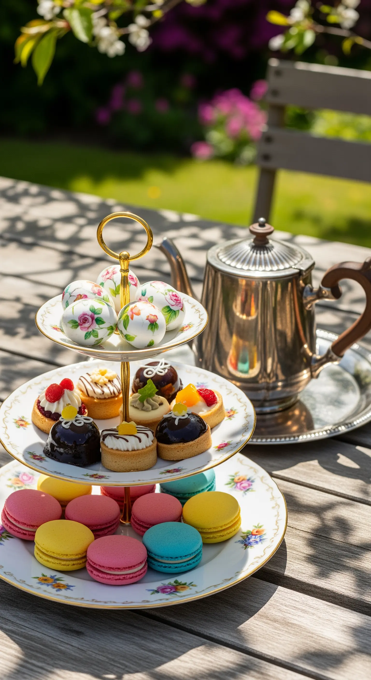 Klassische Etagere mit Törtchen und bemalten Eiern