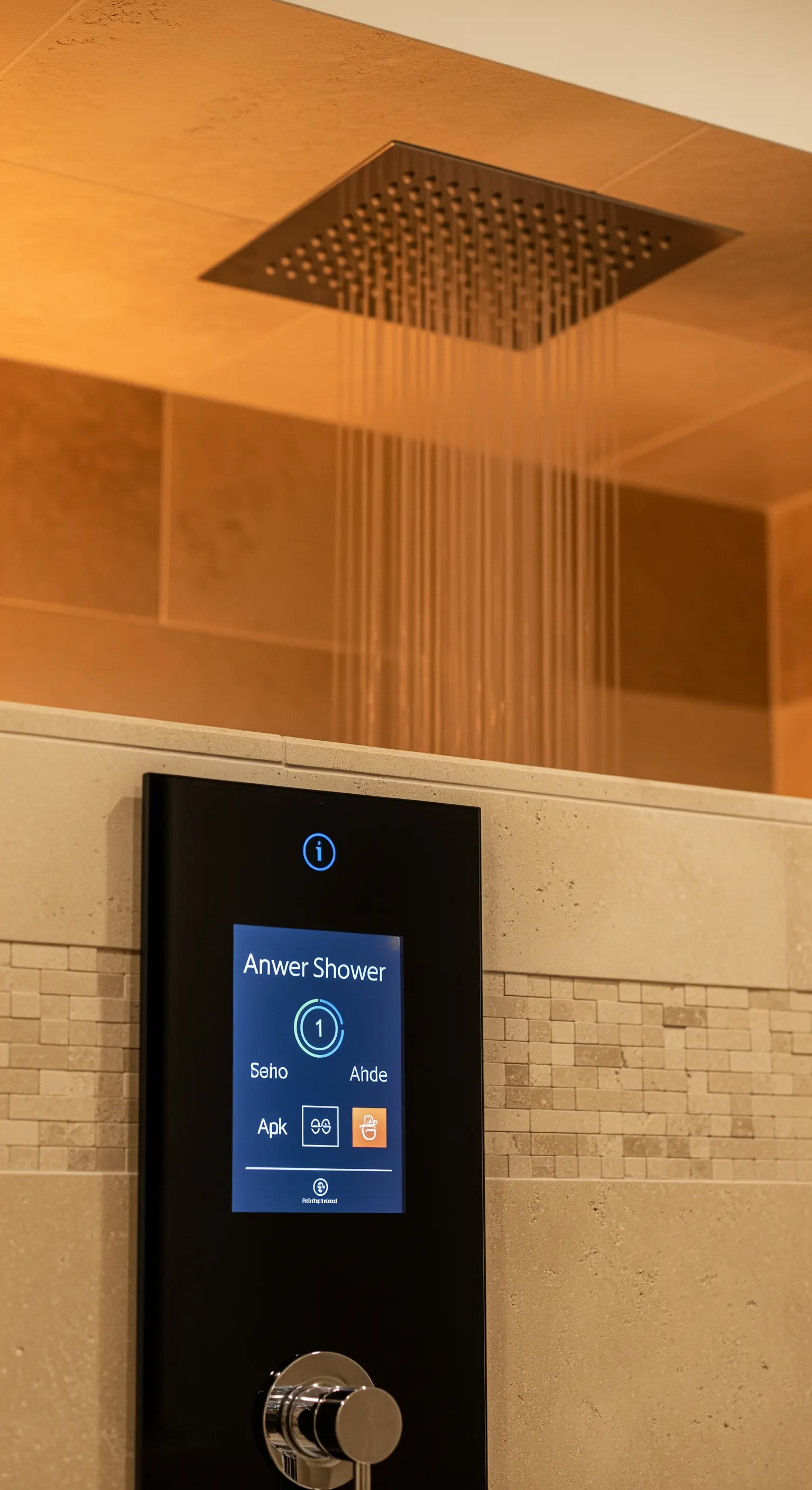 Digitale Duschsteuerung auf beiger Steinwand mit Regendusche