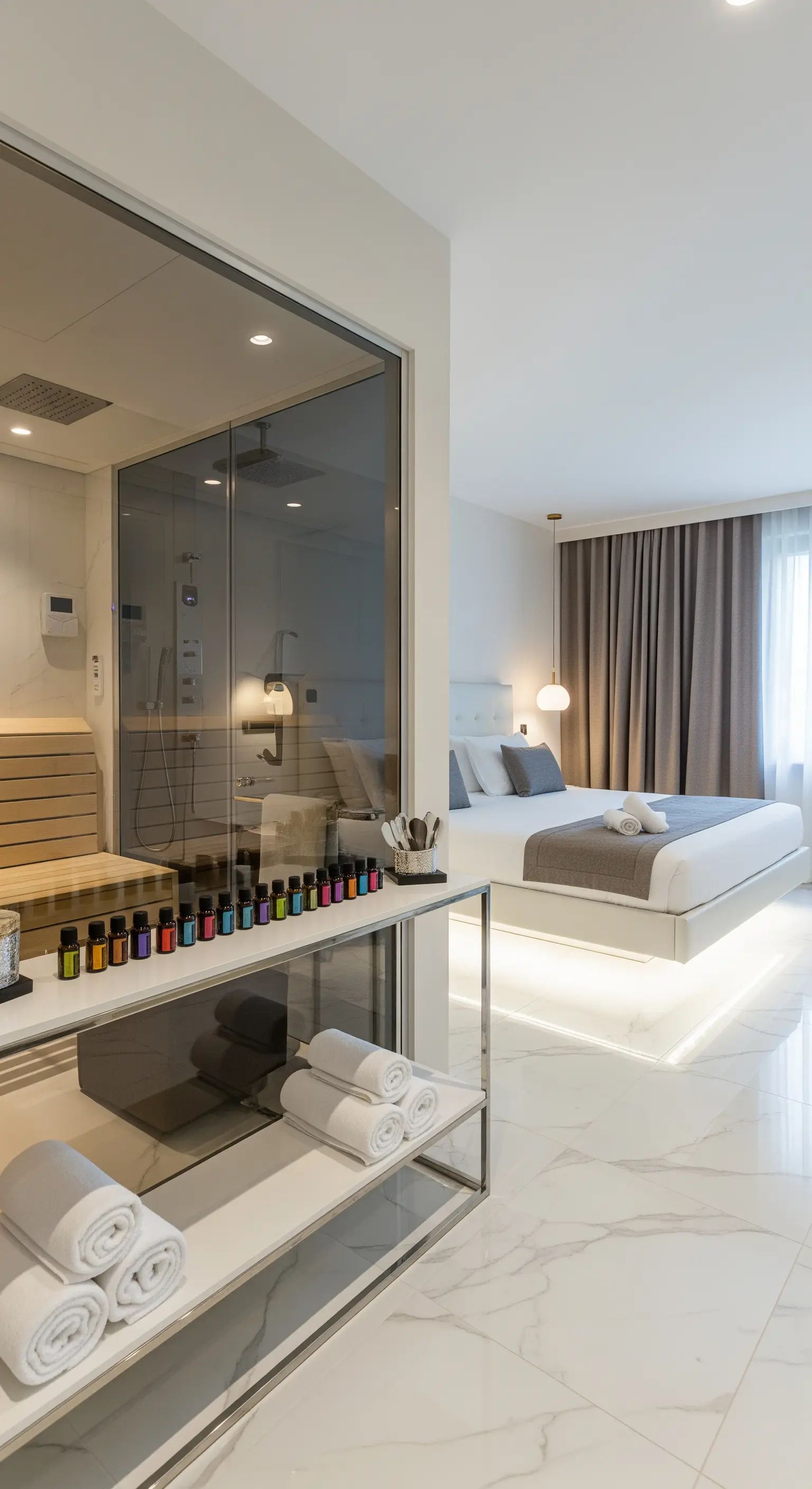 Modernes Schlafzimmer mit integrierter Glas-Duschkabine und Ölen