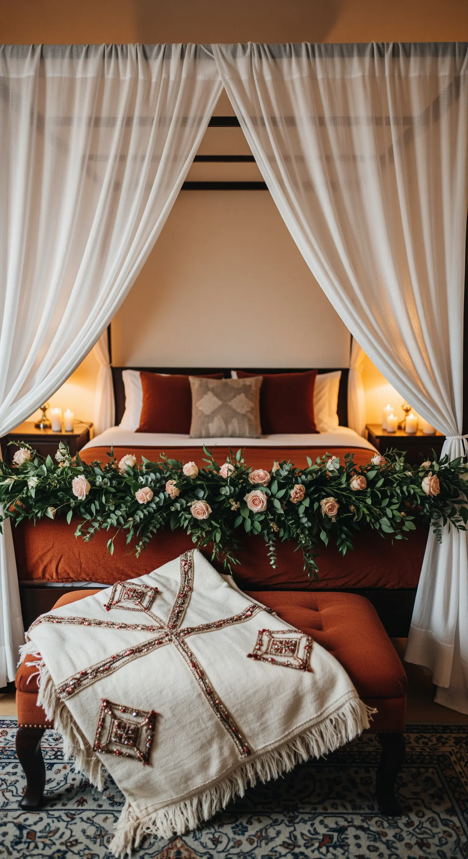 Himmelbett mit Blumengirlande und rostfarbener Bettwäsche