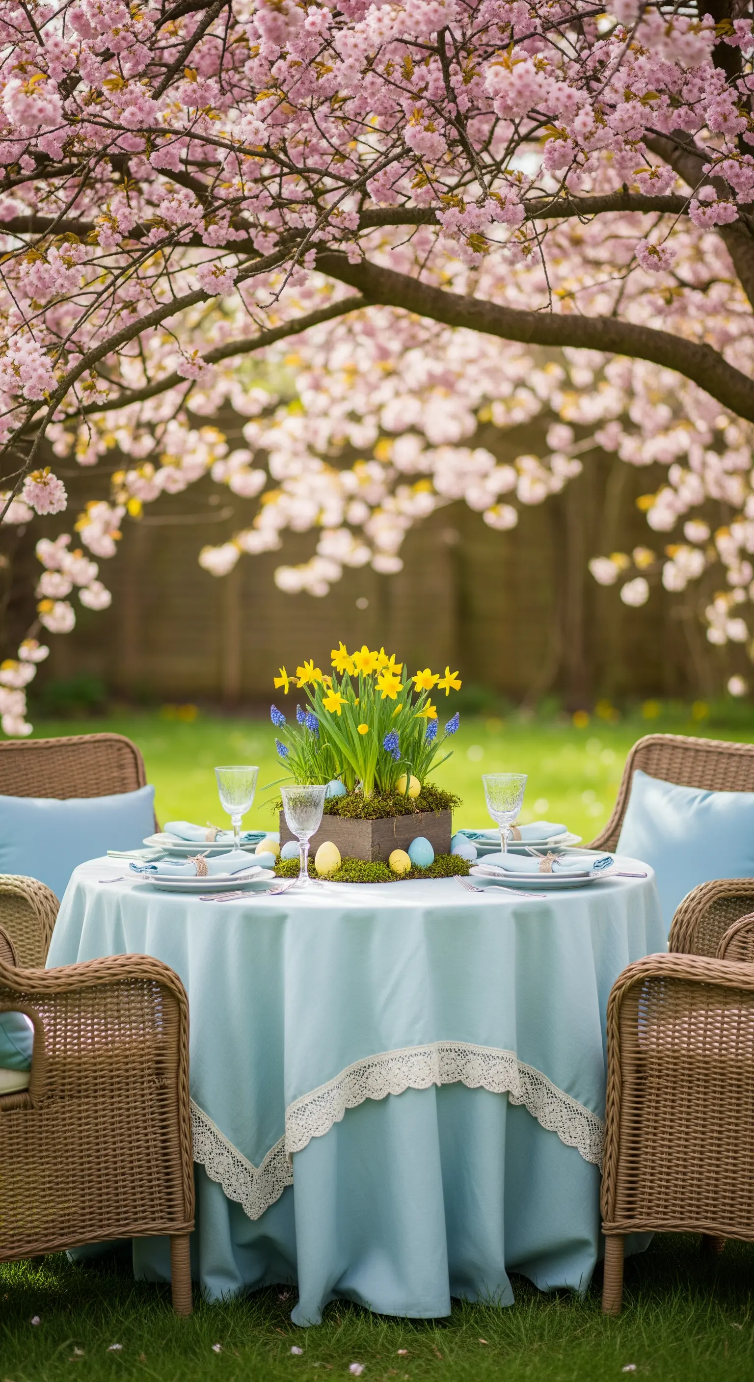 Blaues Tischtuch mit gelben Narzissen und Korbstühlen