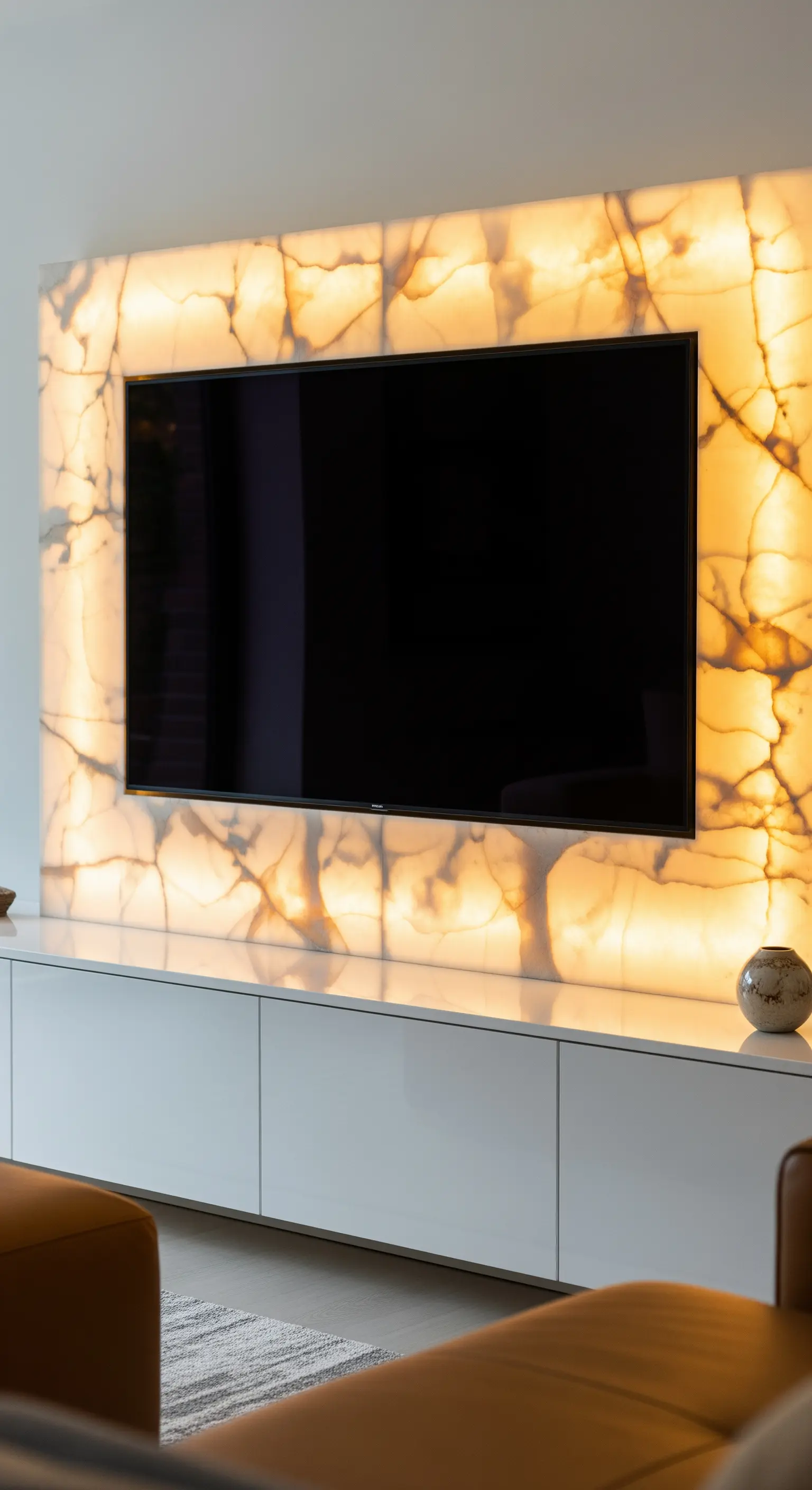 Hinterleuchtete Onyx-Wand mit integriertem Fernseher