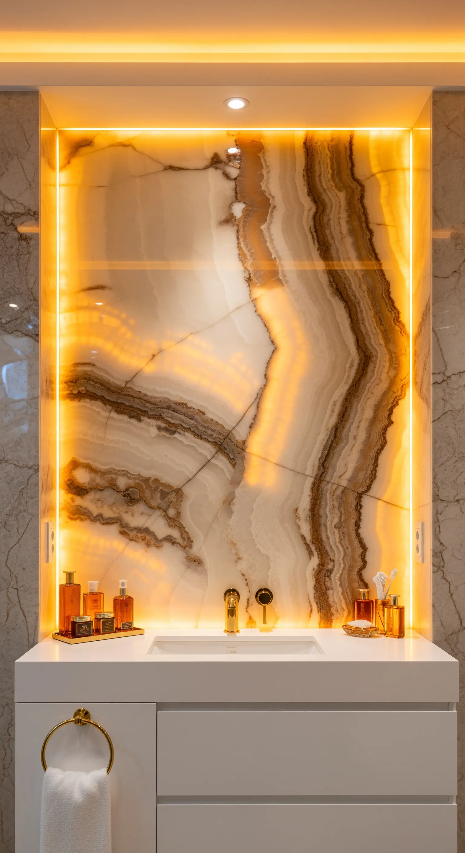 Waschtisch vor einer hinterleuchteten Onyx-Steinplatte