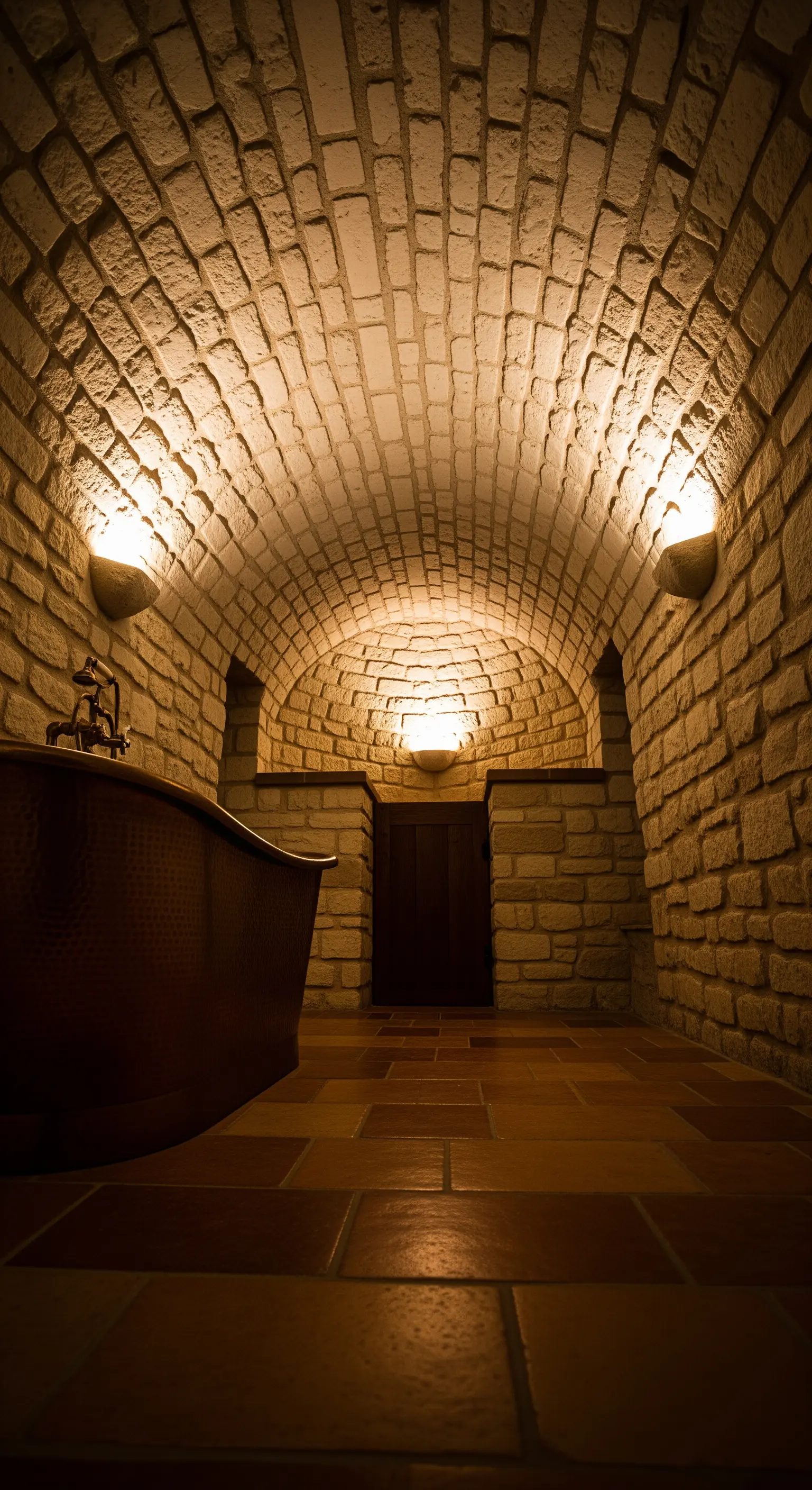 Ziegelgewölbe-Bad mit Kupferwanne und indirekter Beleuchtung von unten