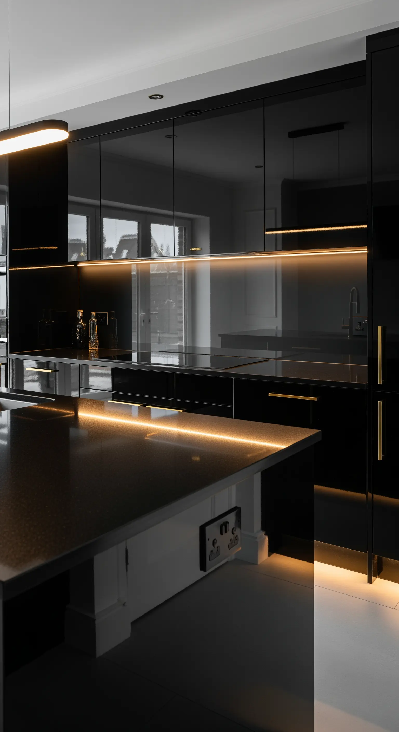 Schwarze Hochglanzküche mit LED-Leiste