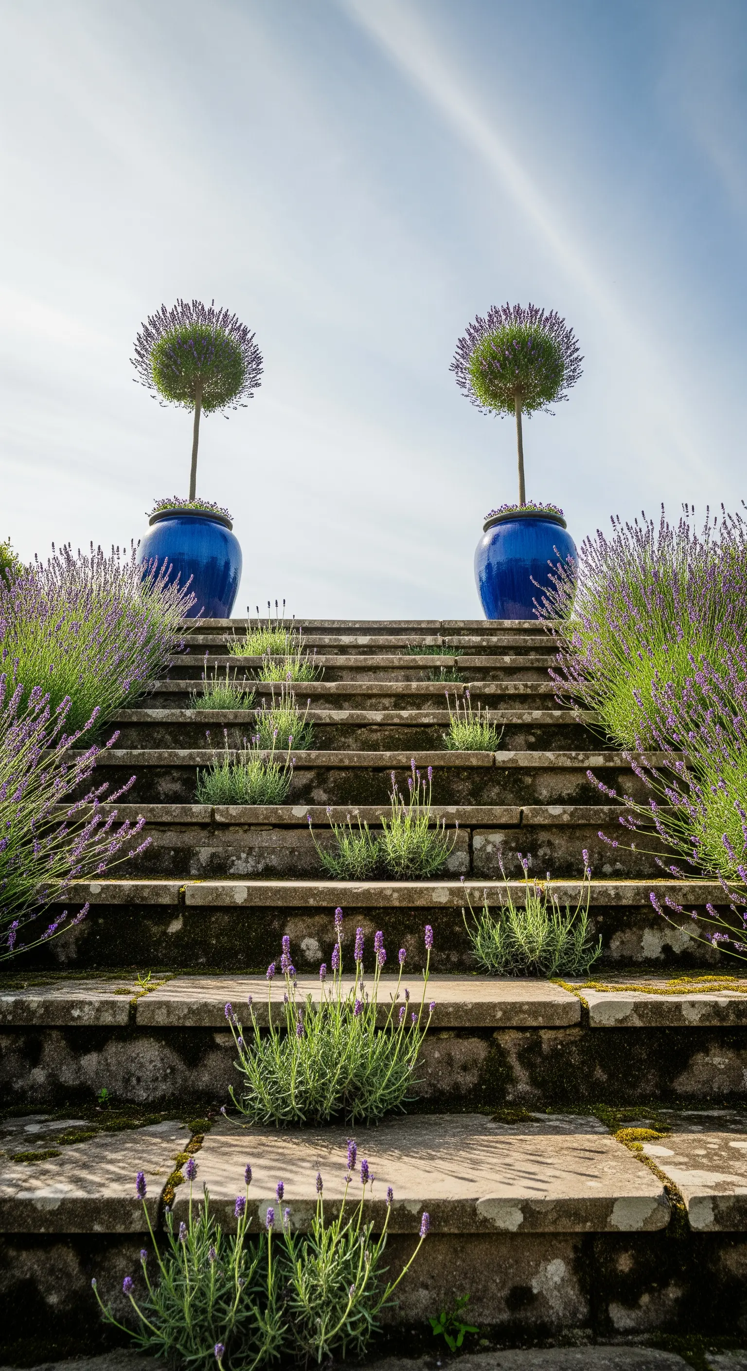 Zwei Lavendel-Hochstämmchen in blauen Töpfen auf einer Steintreppe