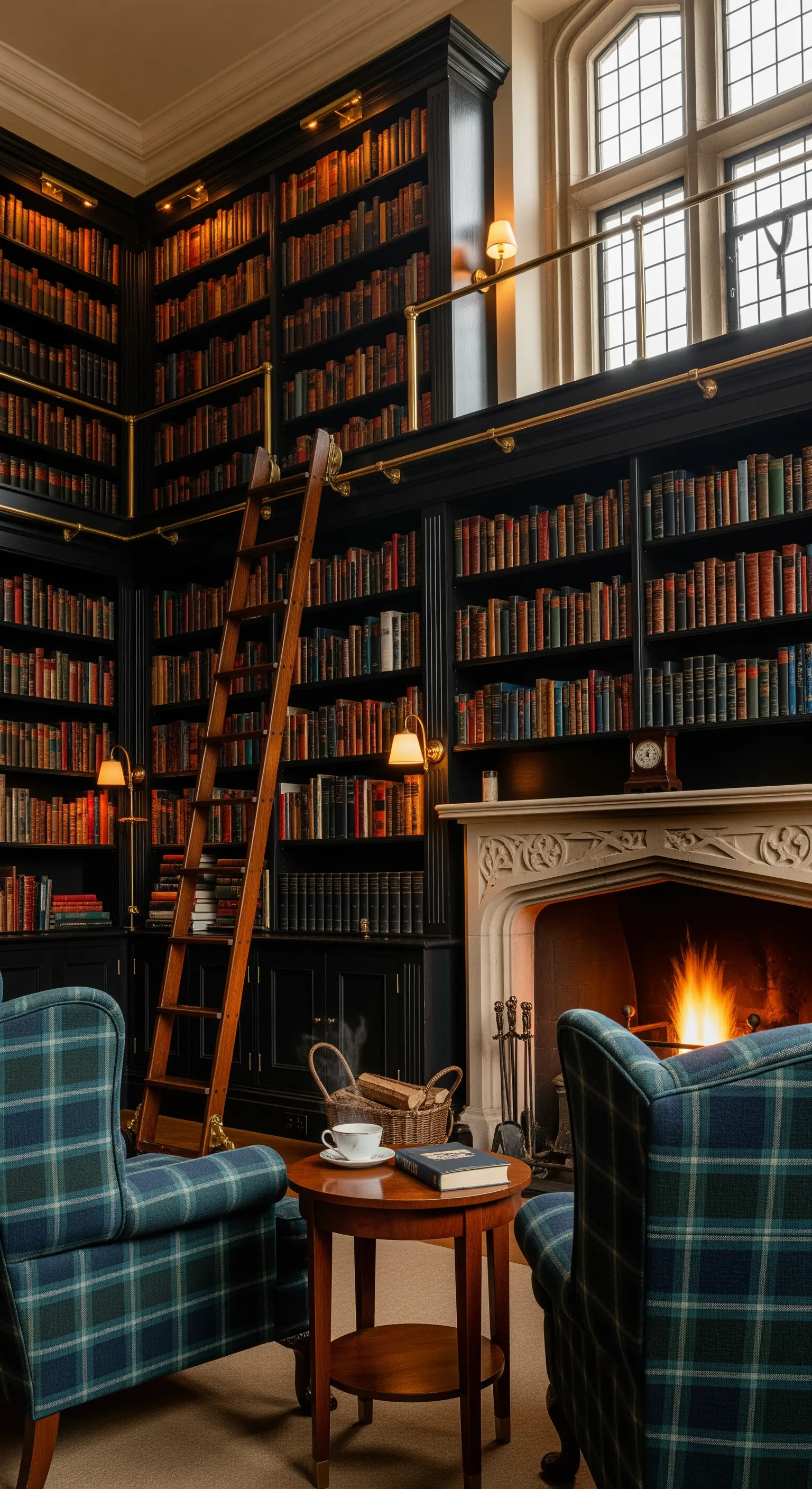 Hohe schwarze Bibliothek mit Leiter und Kamin