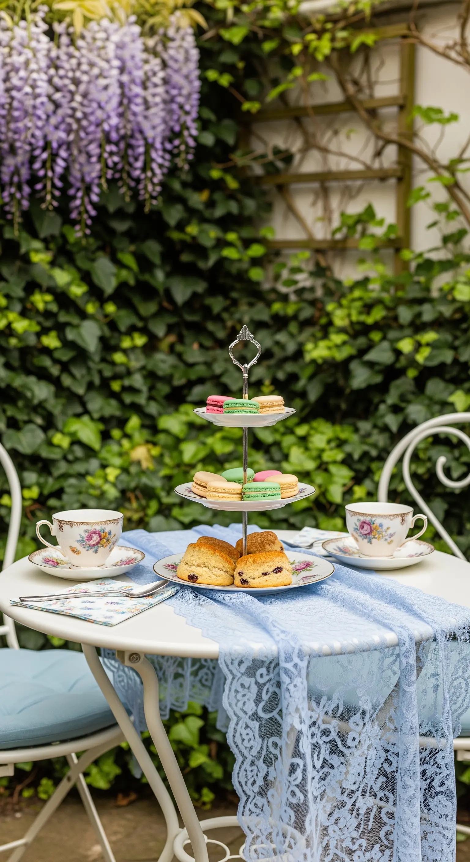 Weißer Bistrotisch mit Etagere, Macarons und blauem Spitzenläufer