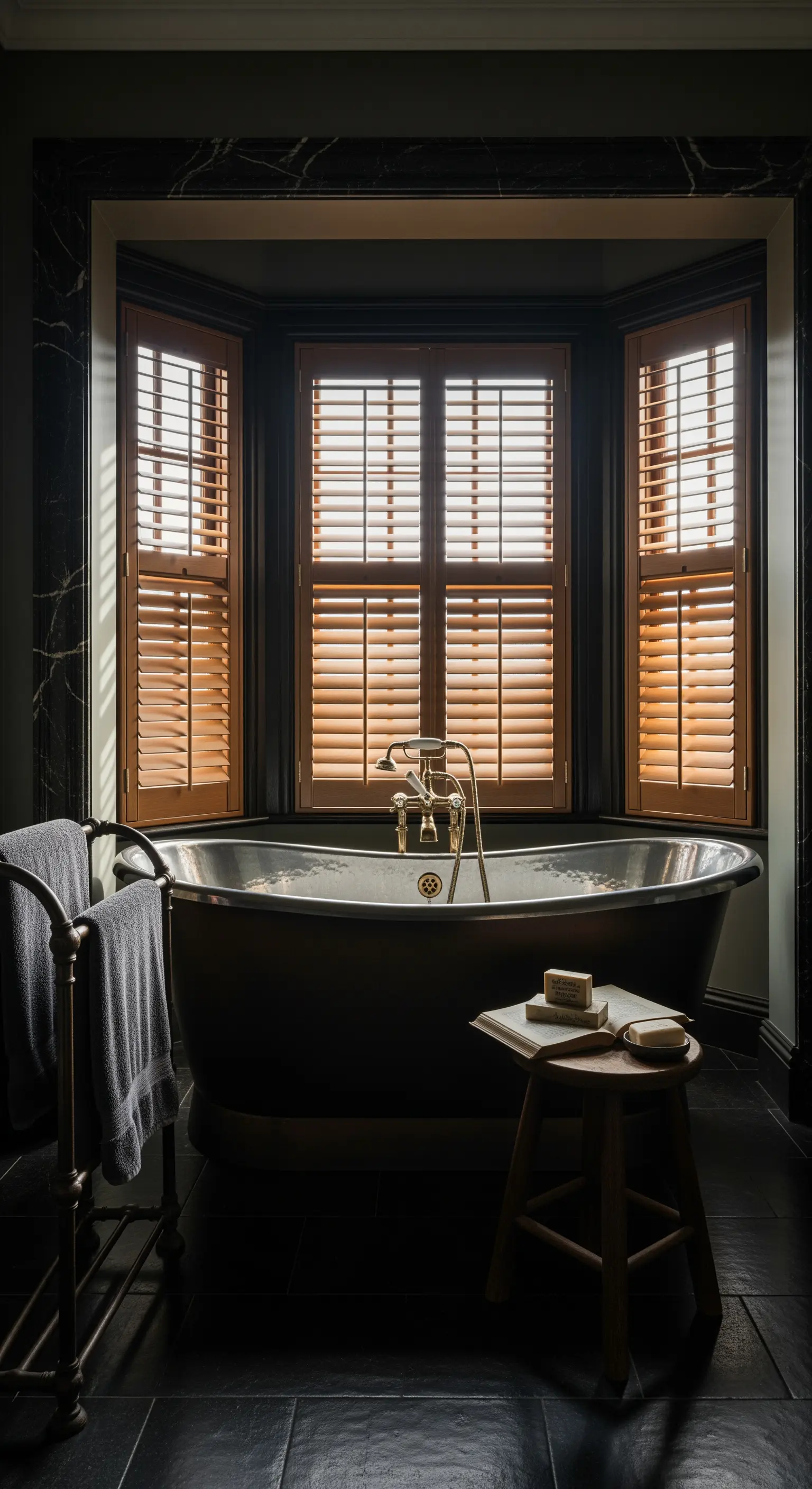 Freistehende dunkle Wanne vor Fenster mit Holz-Shutters