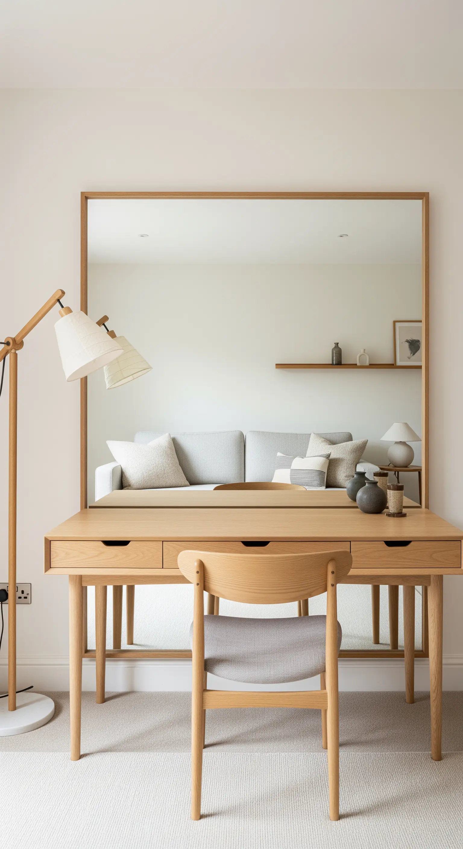 Holzschreibtisch vor großem Wandspiegel mit heller Deko