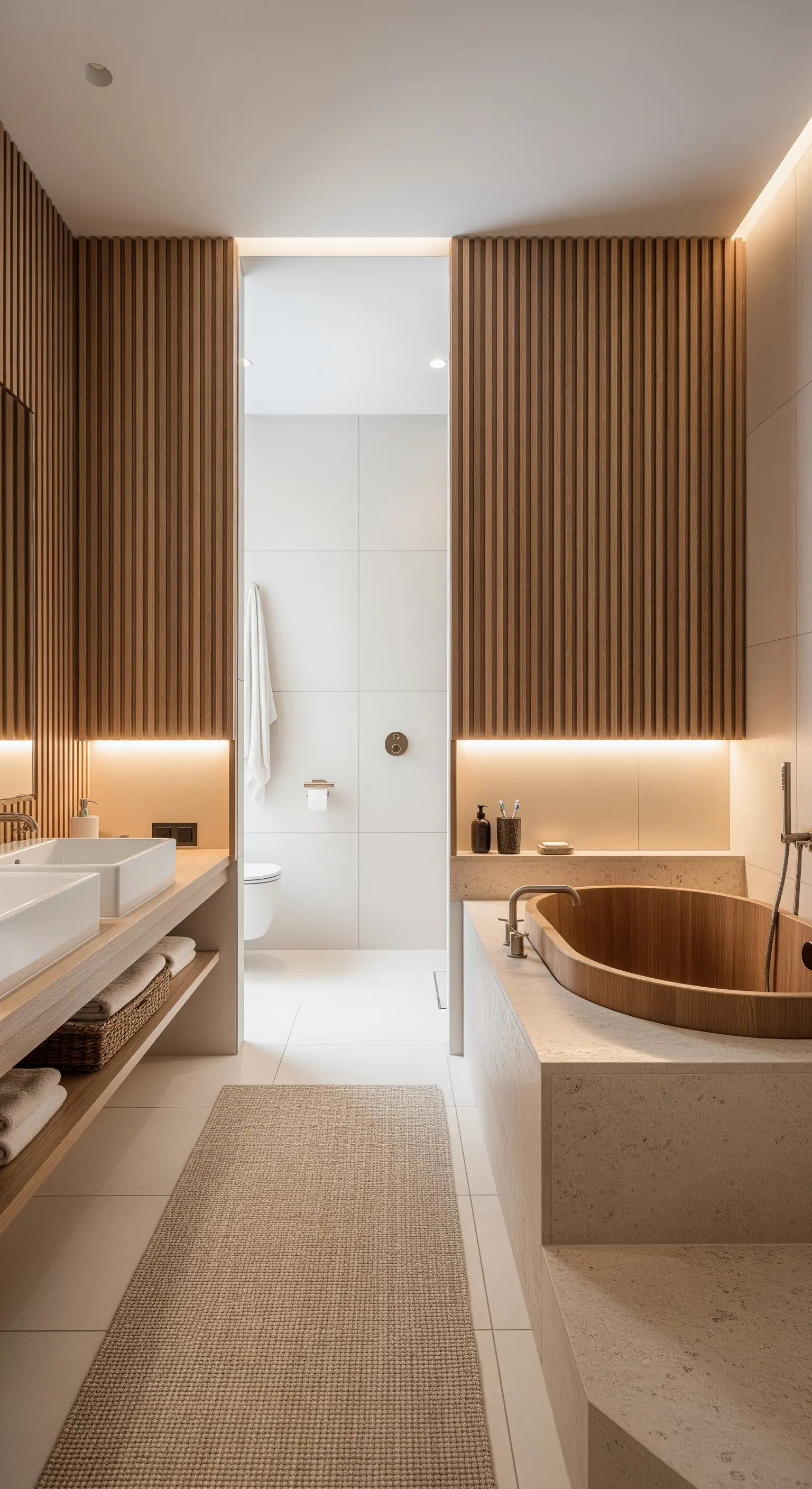 Badezimmerwand mit vertikaler Holzlamellen-Verkleidung