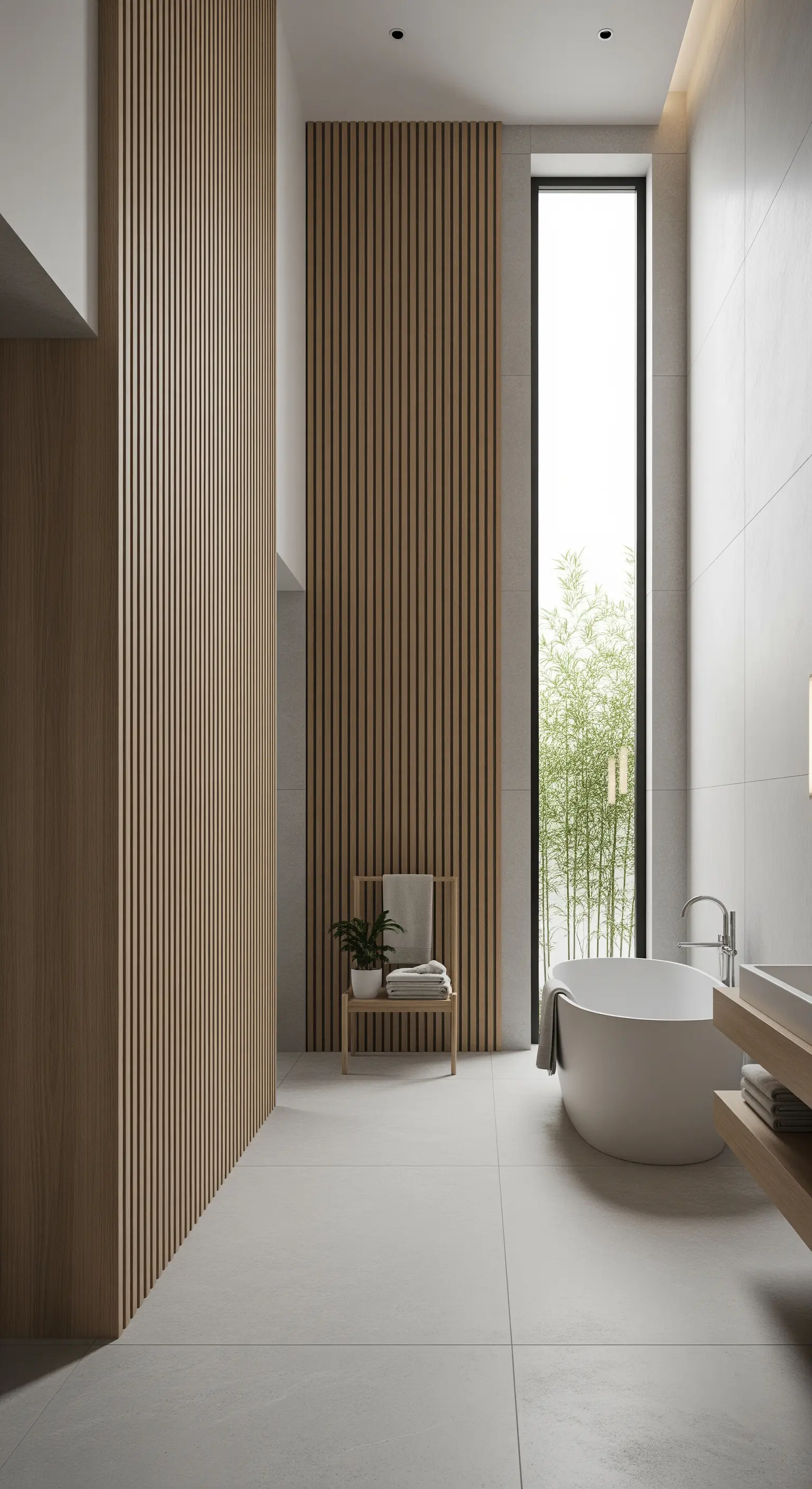 Bad mit grauen Fliesen und vertikaler Holzlatten-Wandverkleidung