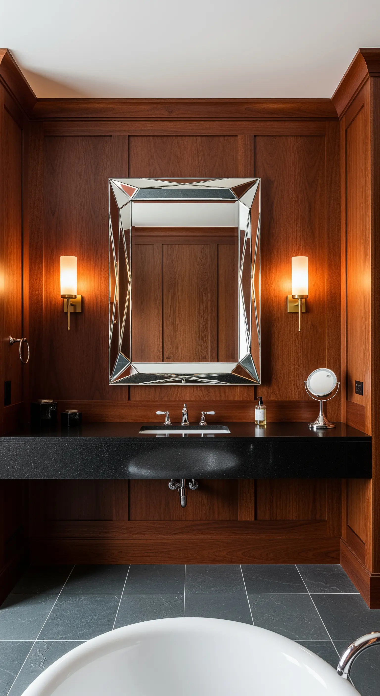 Holzvertäfeltes Bad mit geometrischem Art-Déco-Spiegel und Wandleuchten