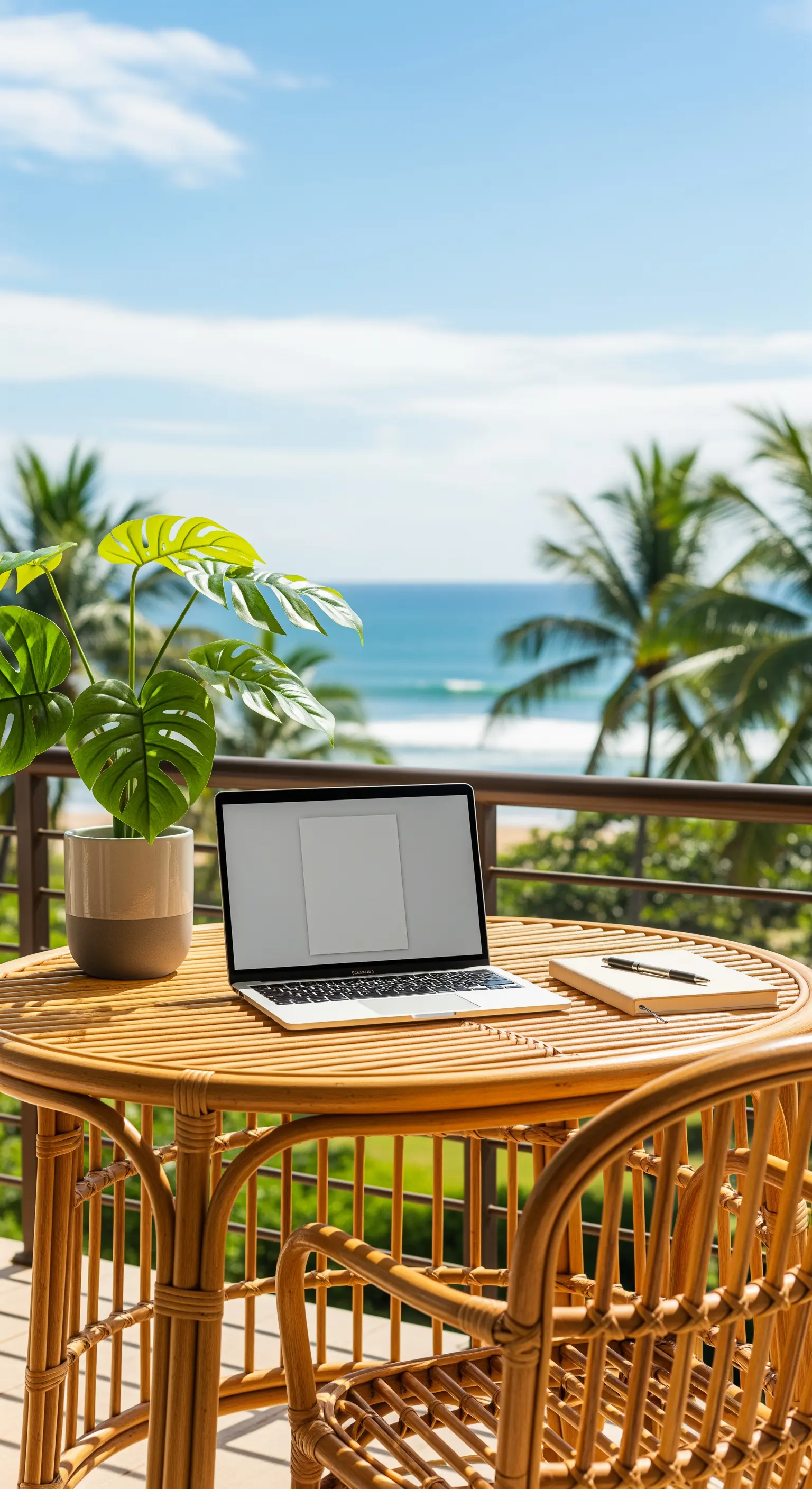 Laptop und Notizbuch auf einem Rattan-Tisch mit Blick auf Palmen und Meer