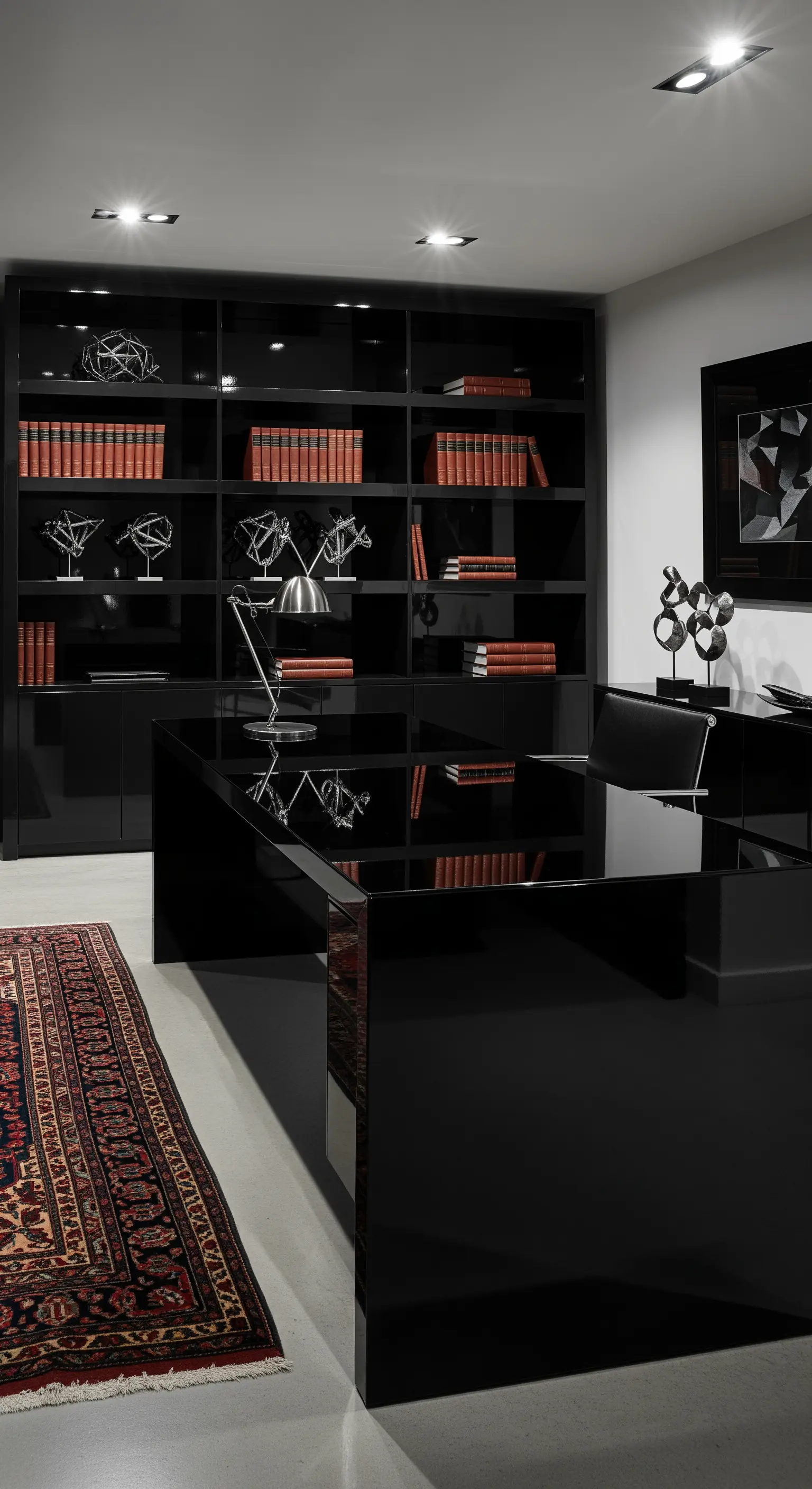 Dunkles Büro mit schwarzem Glasschreibtisch