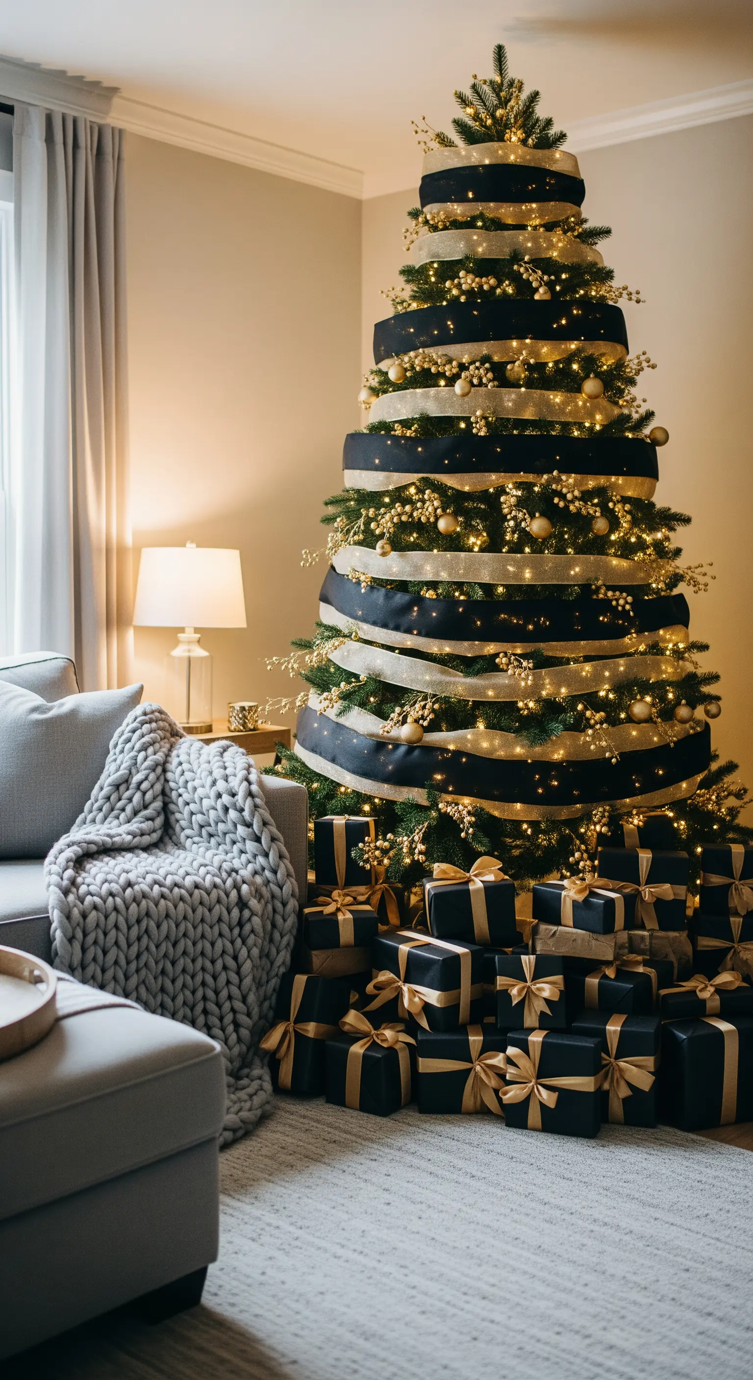Weihnachtsbaum mit breiten schwarz-goldenen Bändern umwickelt