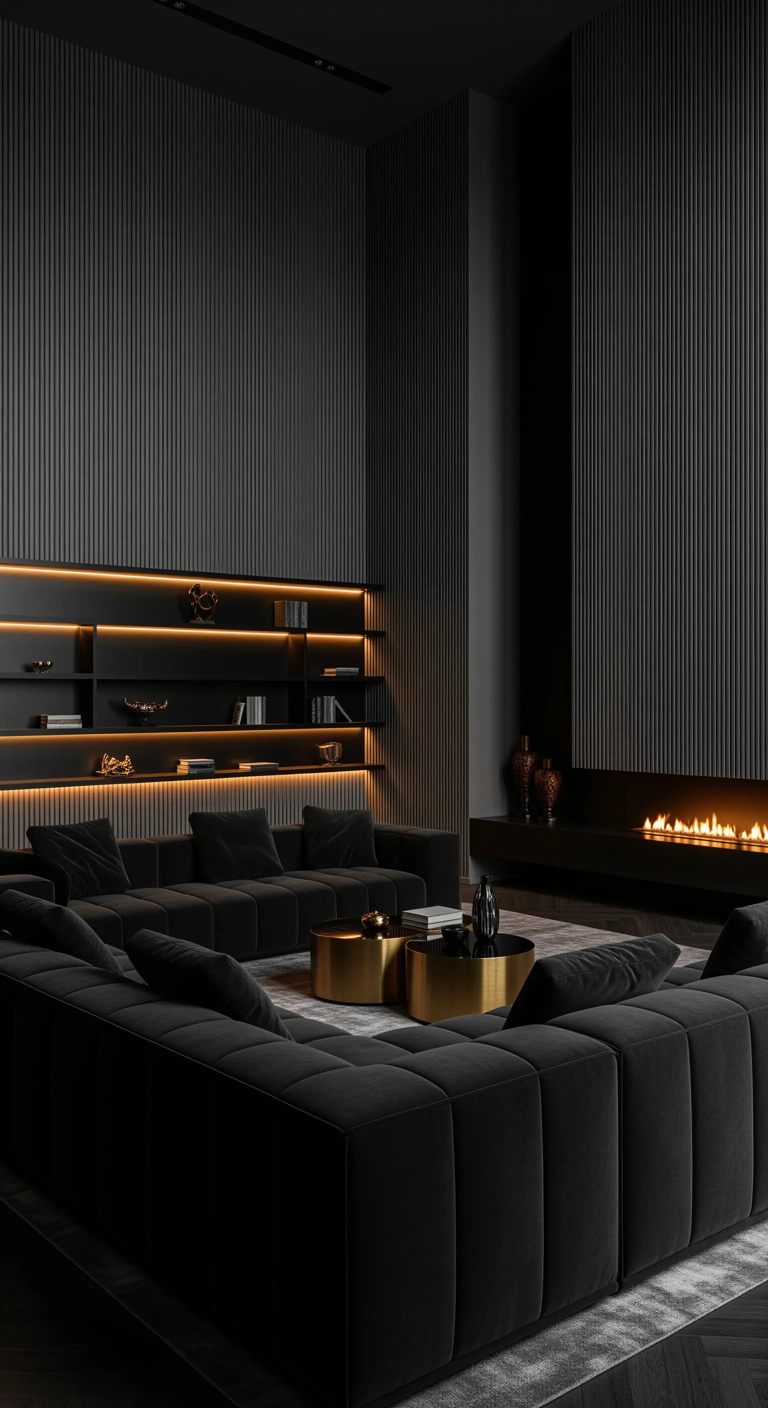 Regalbeleuchtung mit LED-Streifen in dunklem Wohnzimmer