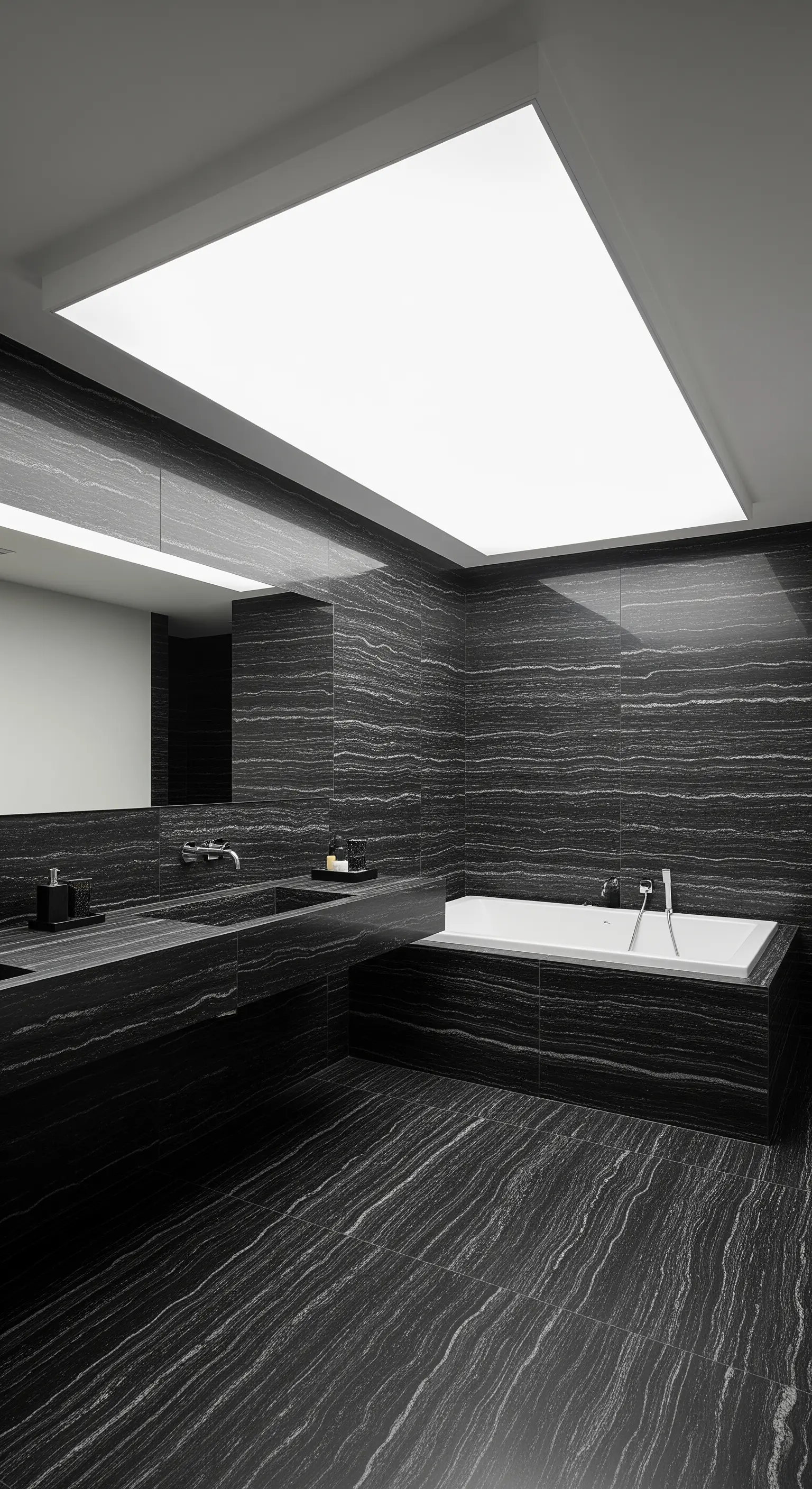 Monochromes Bad mit horizontal gemasertem schwarzem Stein