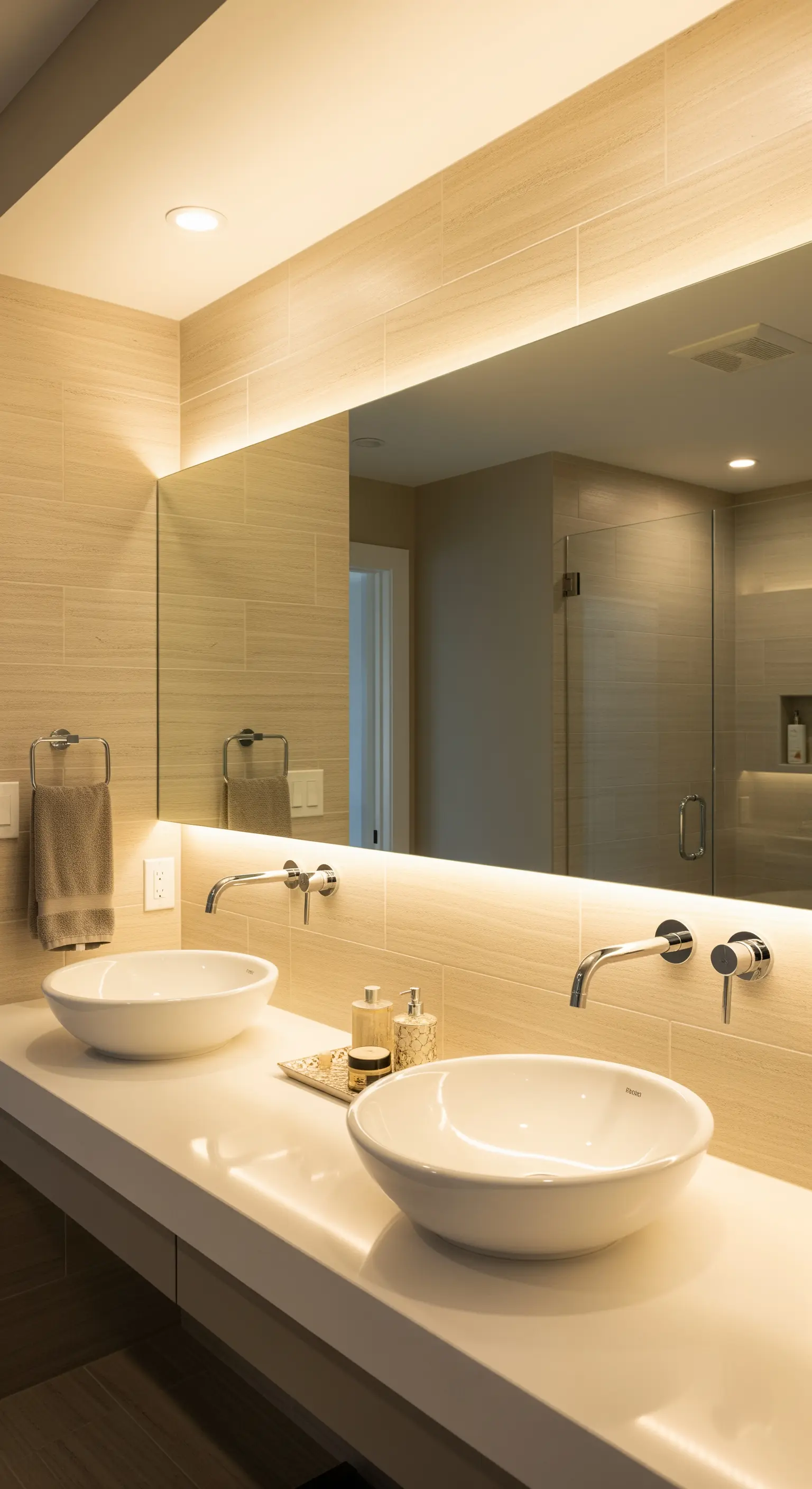 Breiter Badezimmerspiegel mit hinterleuchteter LED-Leiste in beige gefliestem Bad