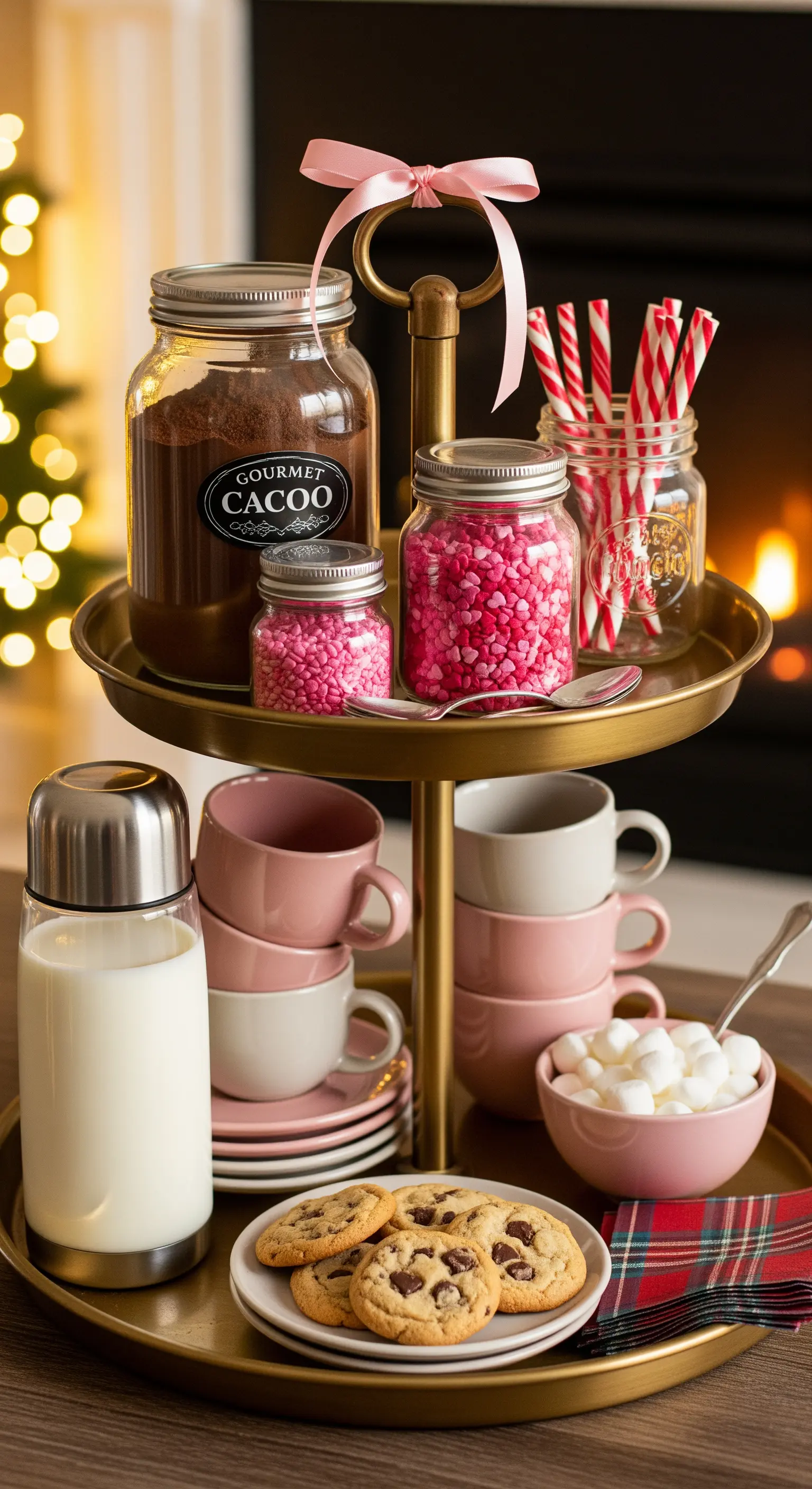 Kakao-Station auf Etagere mit rosa Streuseln und Tassen