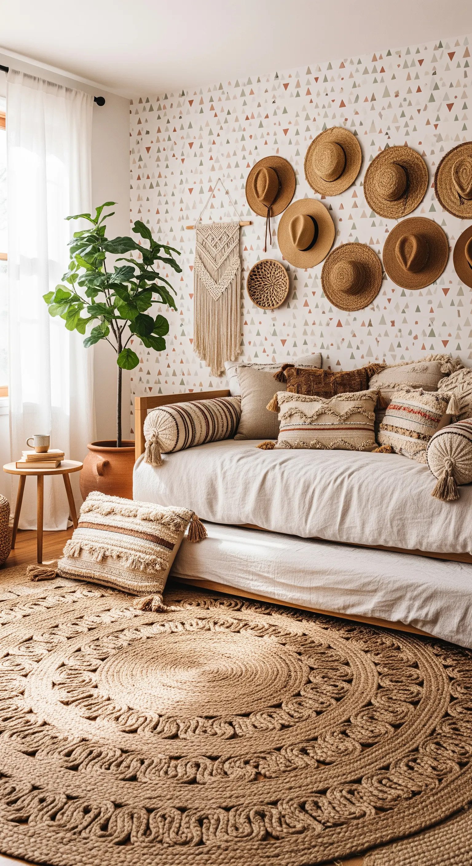 Wand mit Strohhüten dekoriert über einem Tagesbett