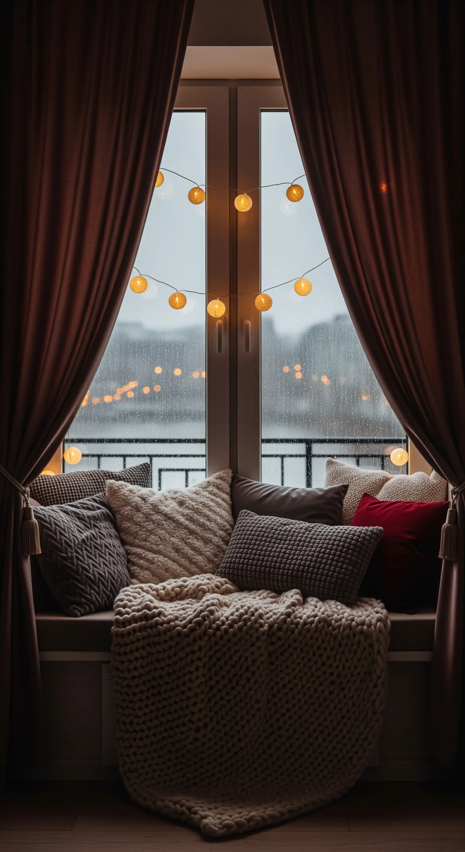 Gemütliche Fensterbank mit Strickdecke und Lichterkette bei Regen