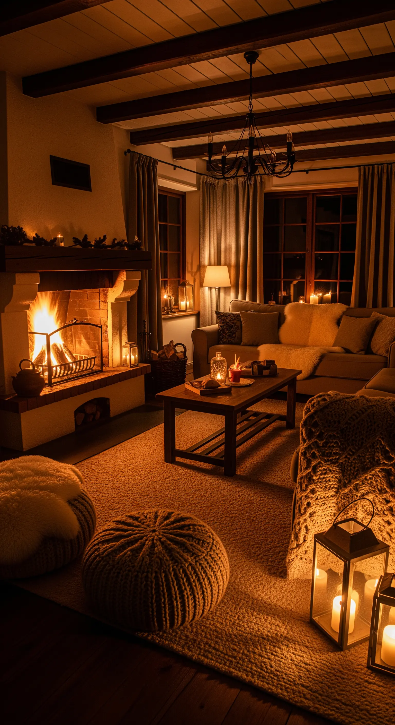 Gemütliche Szene am Abend mit Kaminfeuer, Laternen und Strickpouf