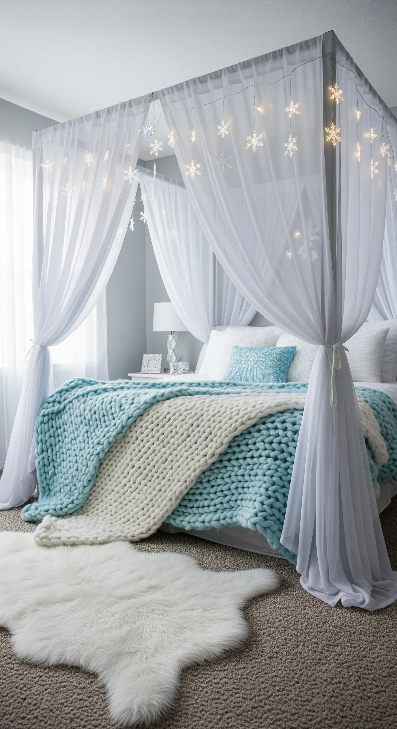 Himmelbett mit blauer Strickdecke und Lichtern