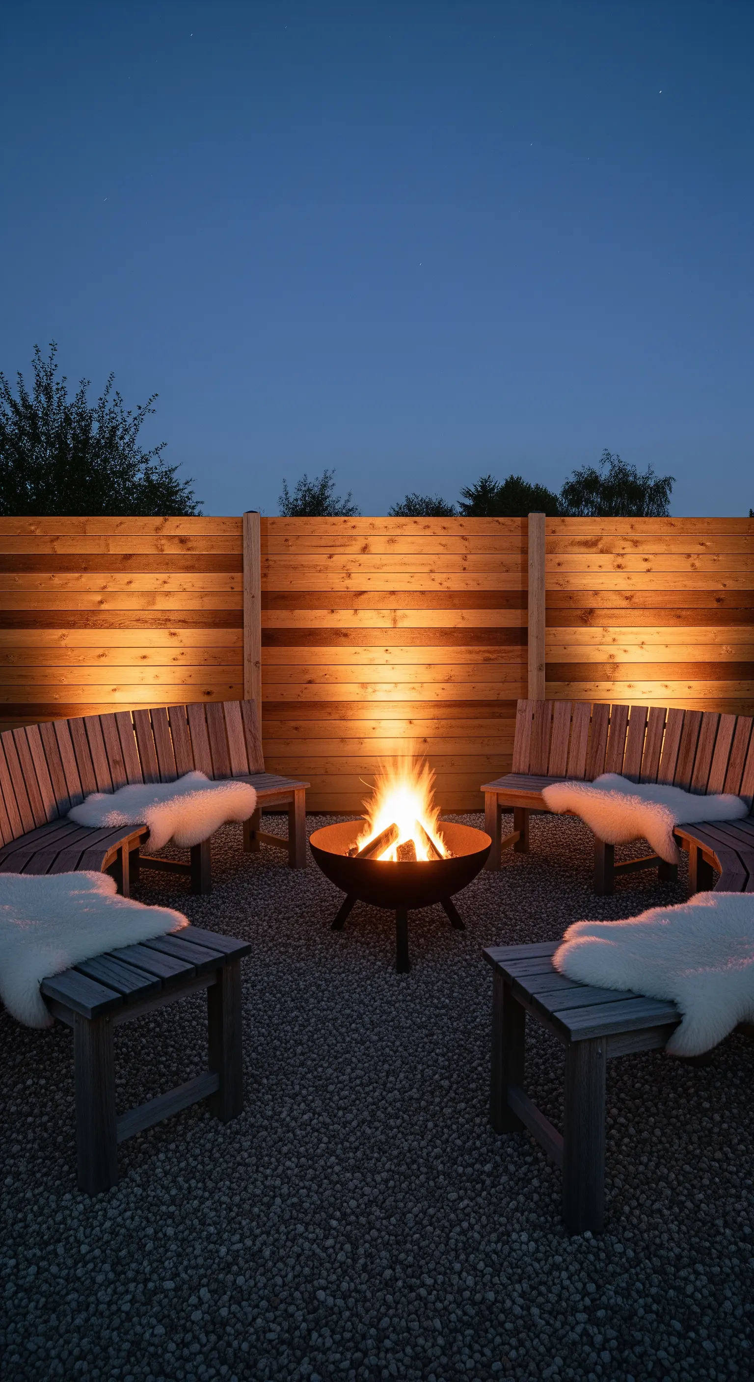 Feuerstelle umgeben von runder Holzbank mit Fellen bei Nacht