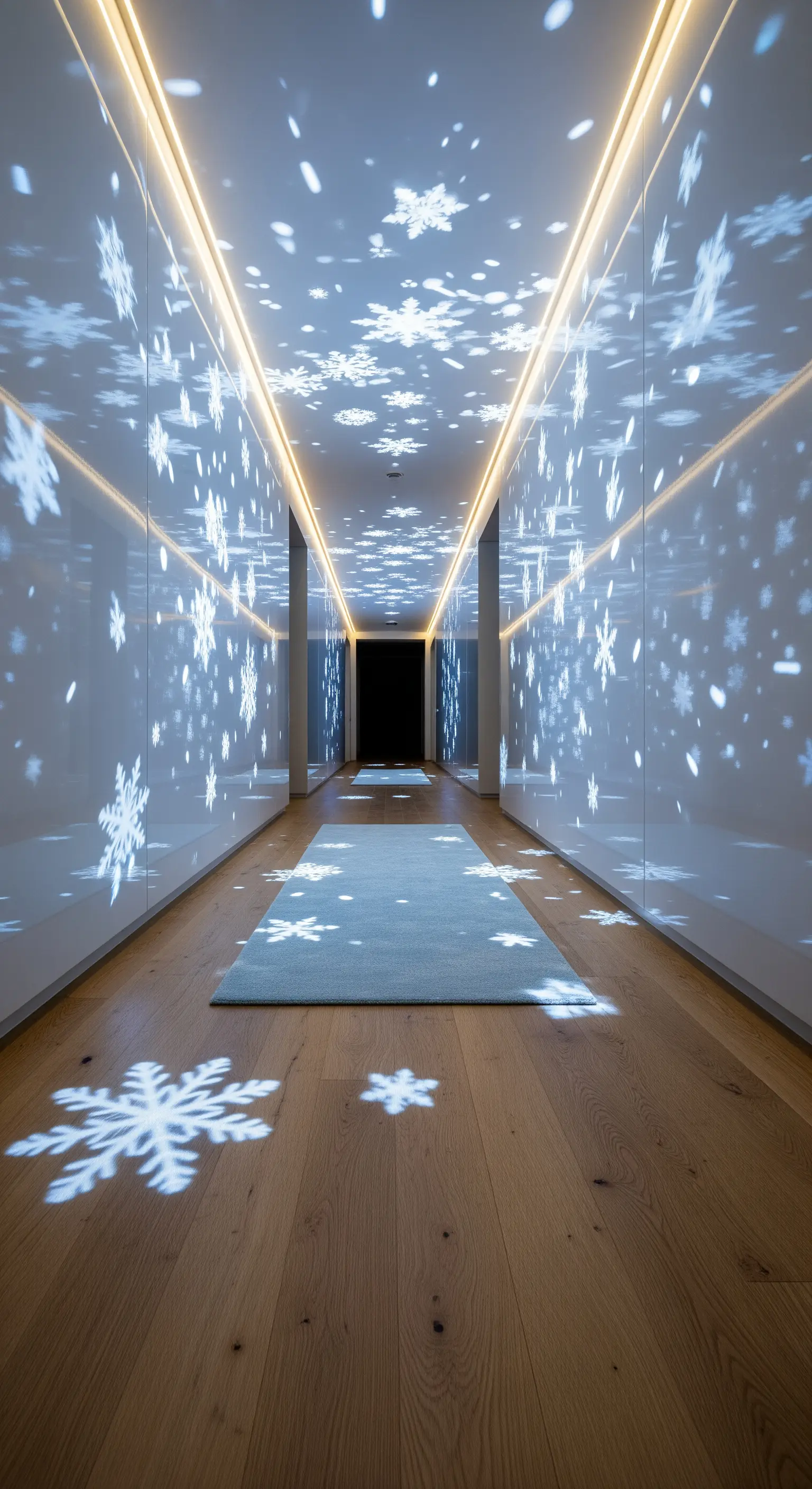 Flur mit blauer Schneeflocken-Lichtprojektion