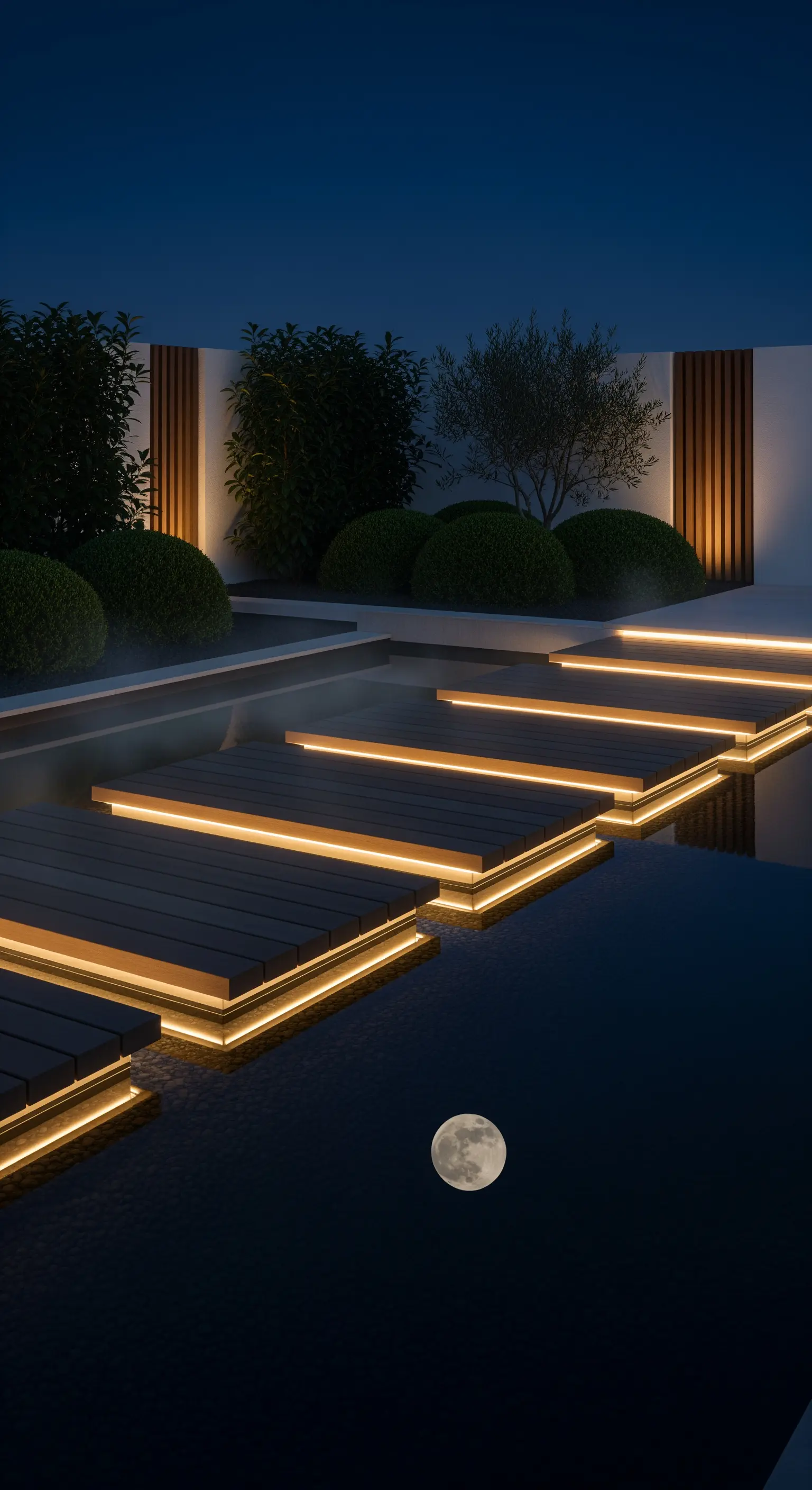 Beleuchtete Gartenstufen bei Nacht