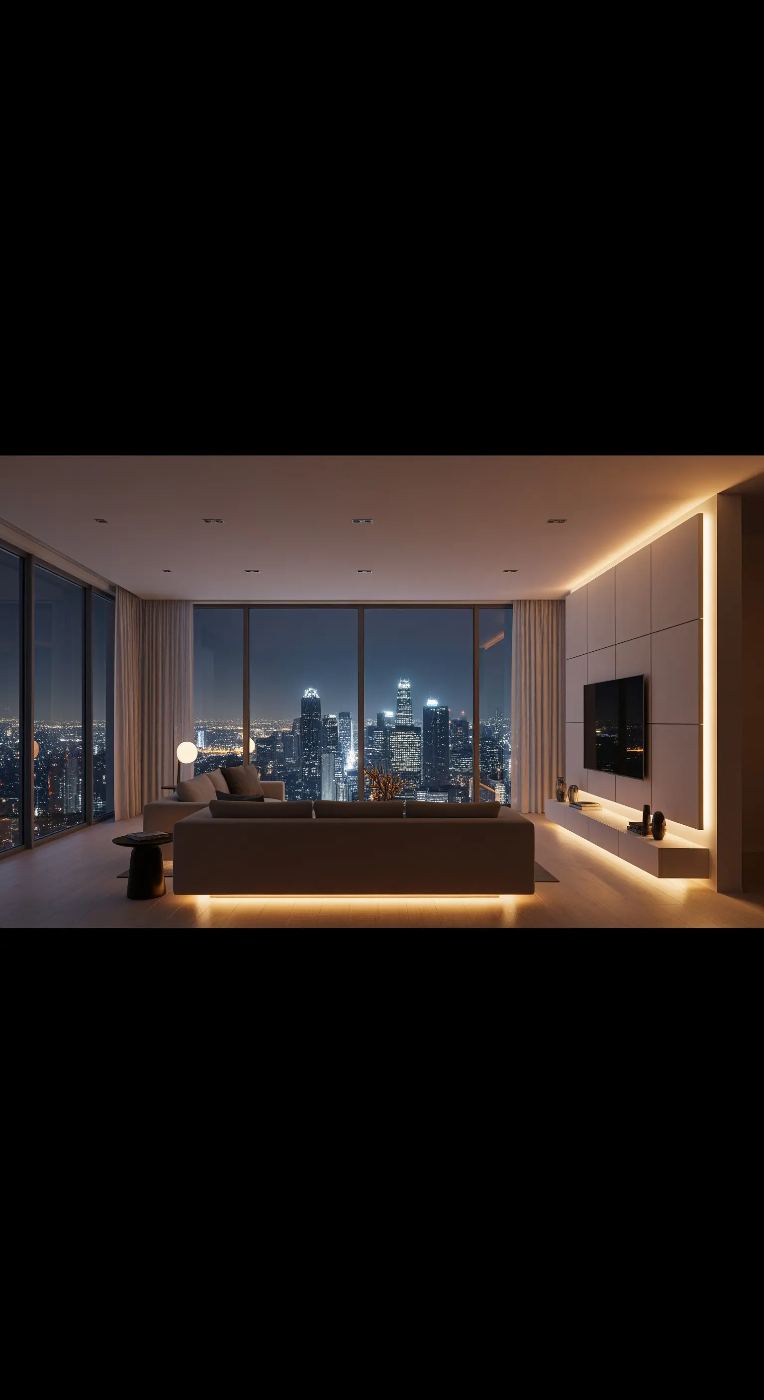 Indirekte Beleuchtung rahmt Blick auf nächtliche Skyline