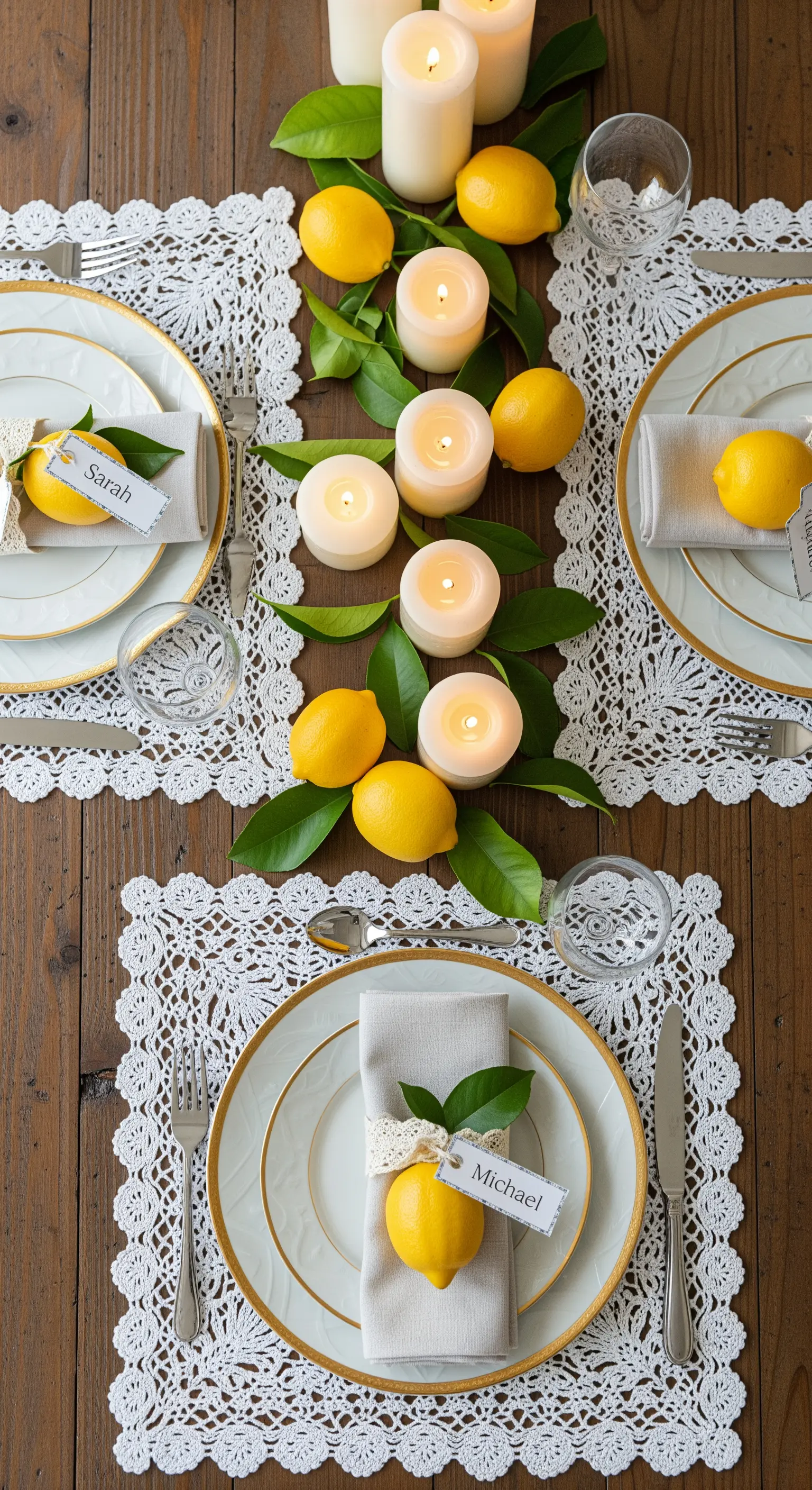 Flatlay mit Häkeldeckchen, Zitronen und Namenskarten